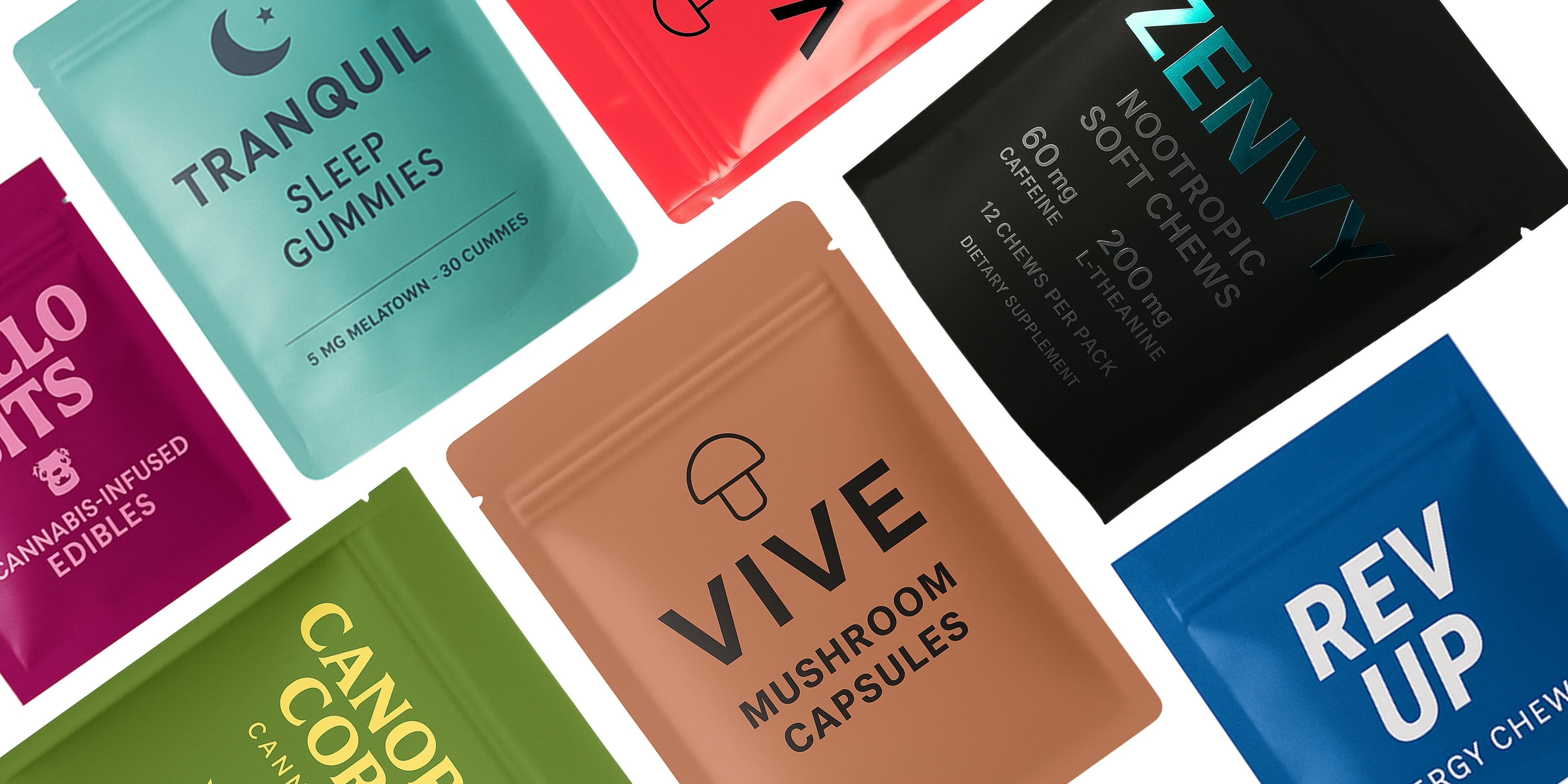 A colorful spread of child-resistant lay-flat pouches for health and wellness products, featuring branding for sleep gummies, nootropic chews, cannabis edibles, mushroom capsules, and energy supplements. The pouches highlight tamper-evident closures and bold, custom designs tailored for regulated markets like cannabis and supplements.