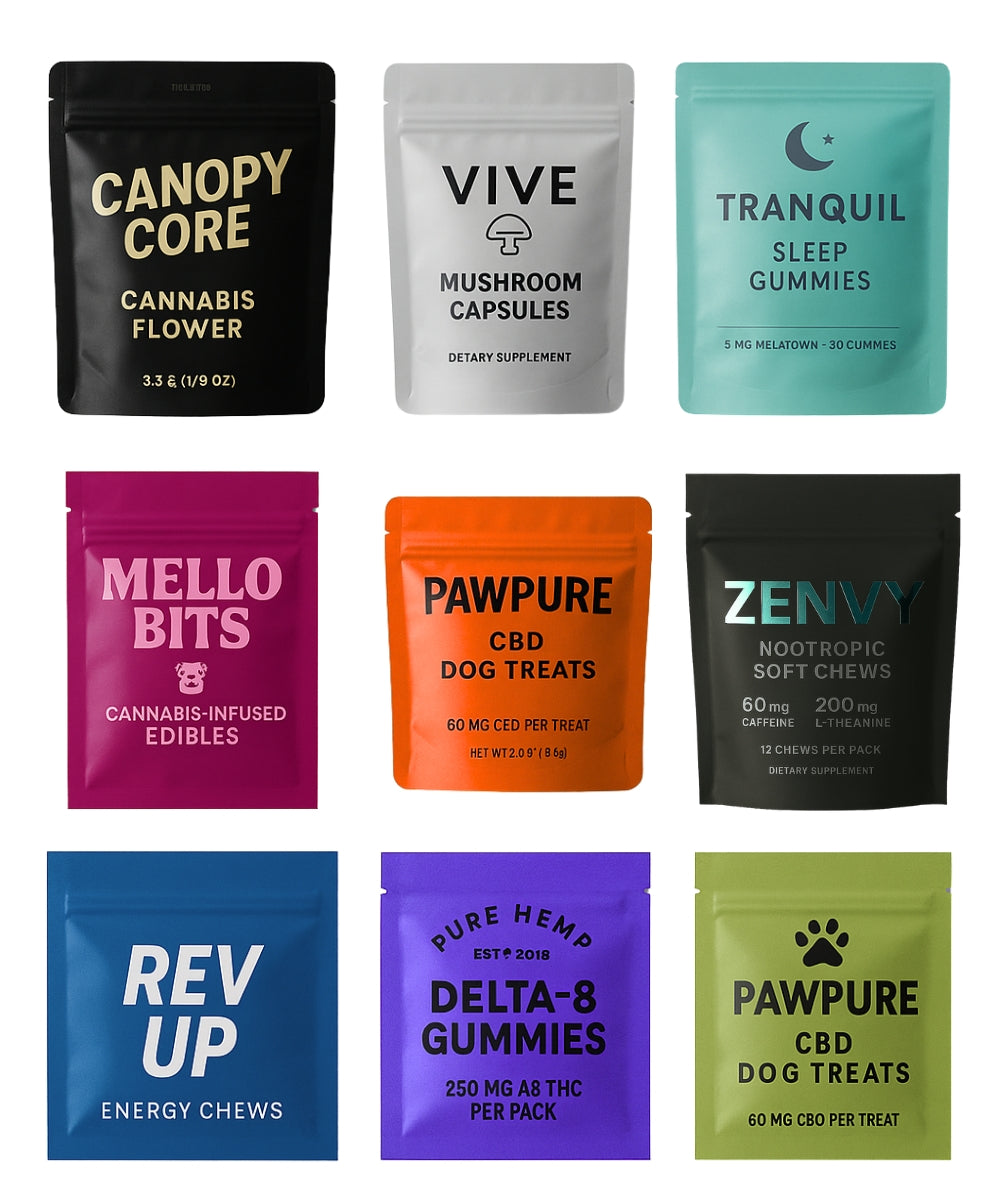 Grid of colorful child-resistant pouches for products including cannabis flower, mushroom capsules, sleep gummies, edibles, CBD dog treats, nootropic chews, energy chews, and Delta-8 gummies