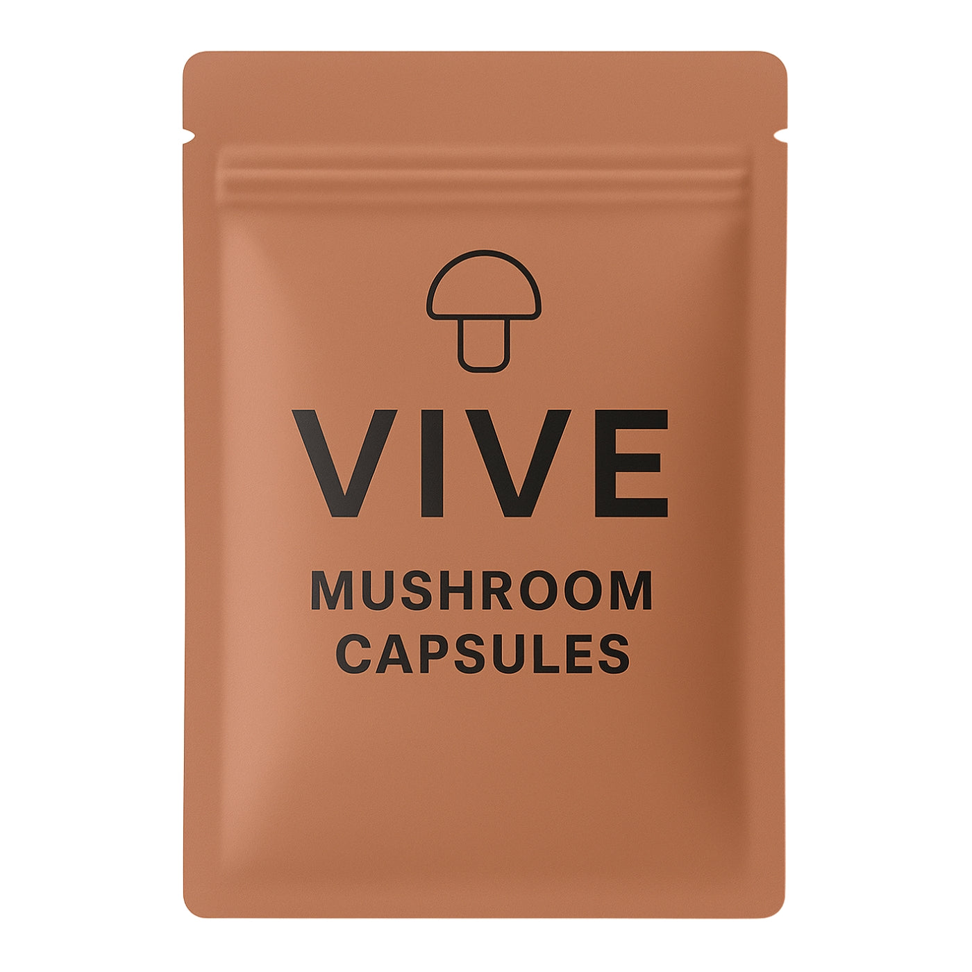 Brown VIVE Mushroom Capsules pouch with a velvety soft touch matte finish
