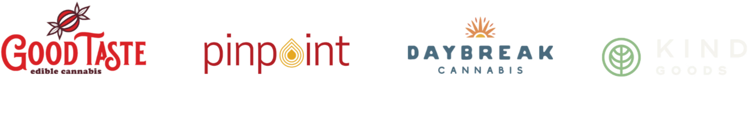 Logos of GoodTaste, pinpoint, Daybreak Cannabis, and Kind on a white background