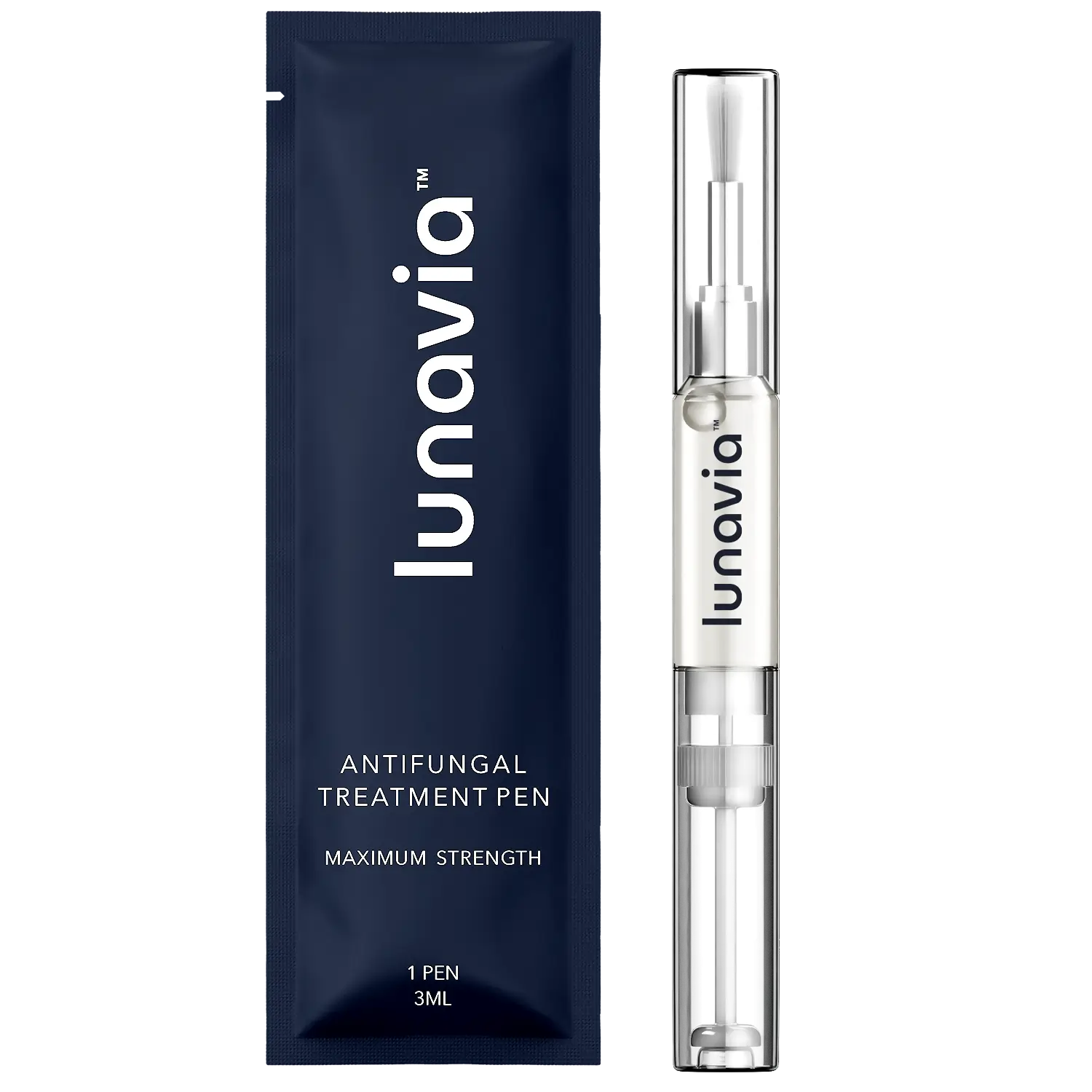 Lunavia antifungal treatment pen and its branded navy pouch shown alongside a case study detailing how Vert delivered custom packaging in under 10 days
