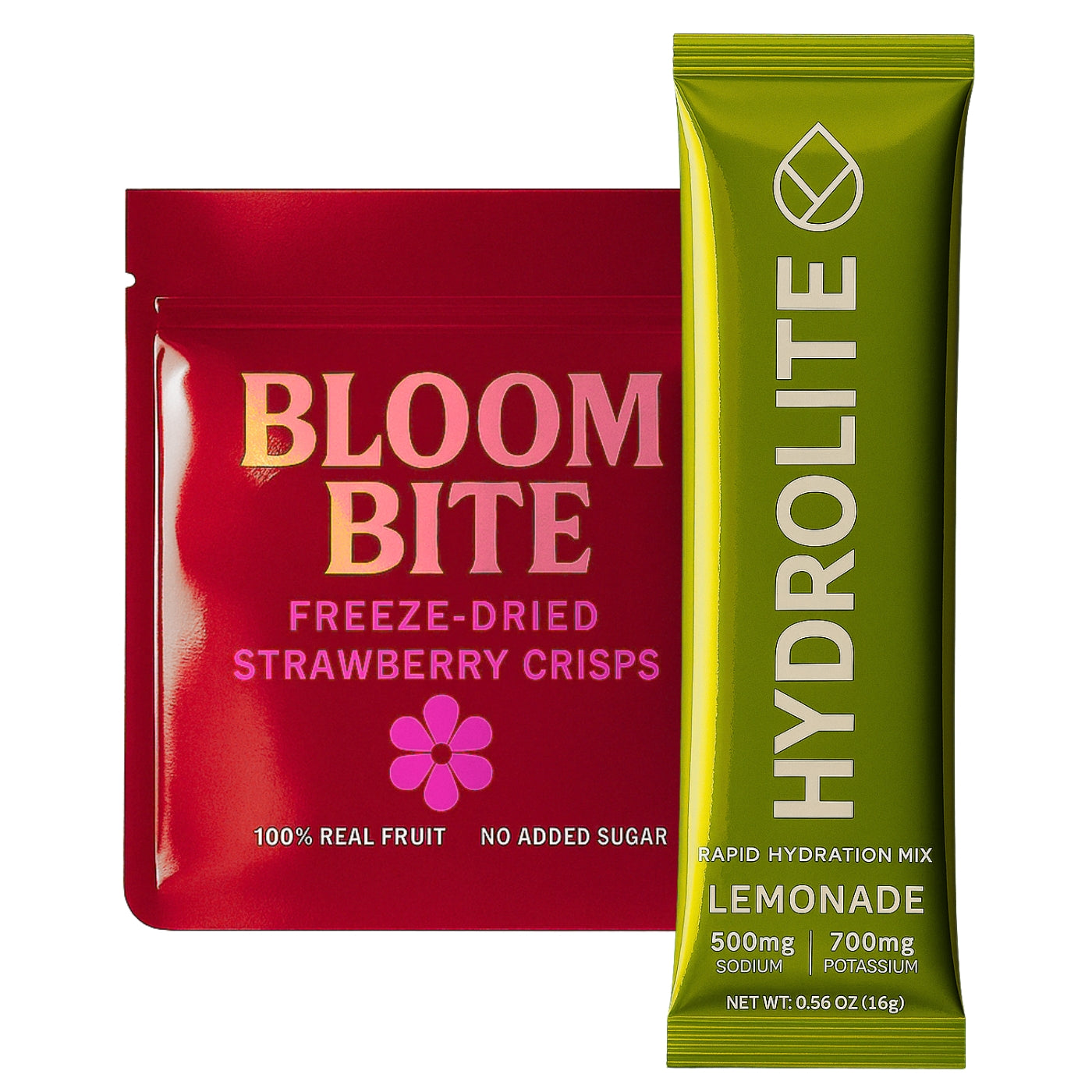 Glossy red Bloom Bite pouch and olive green Hydrolite stick pack with a polished, vibrant look