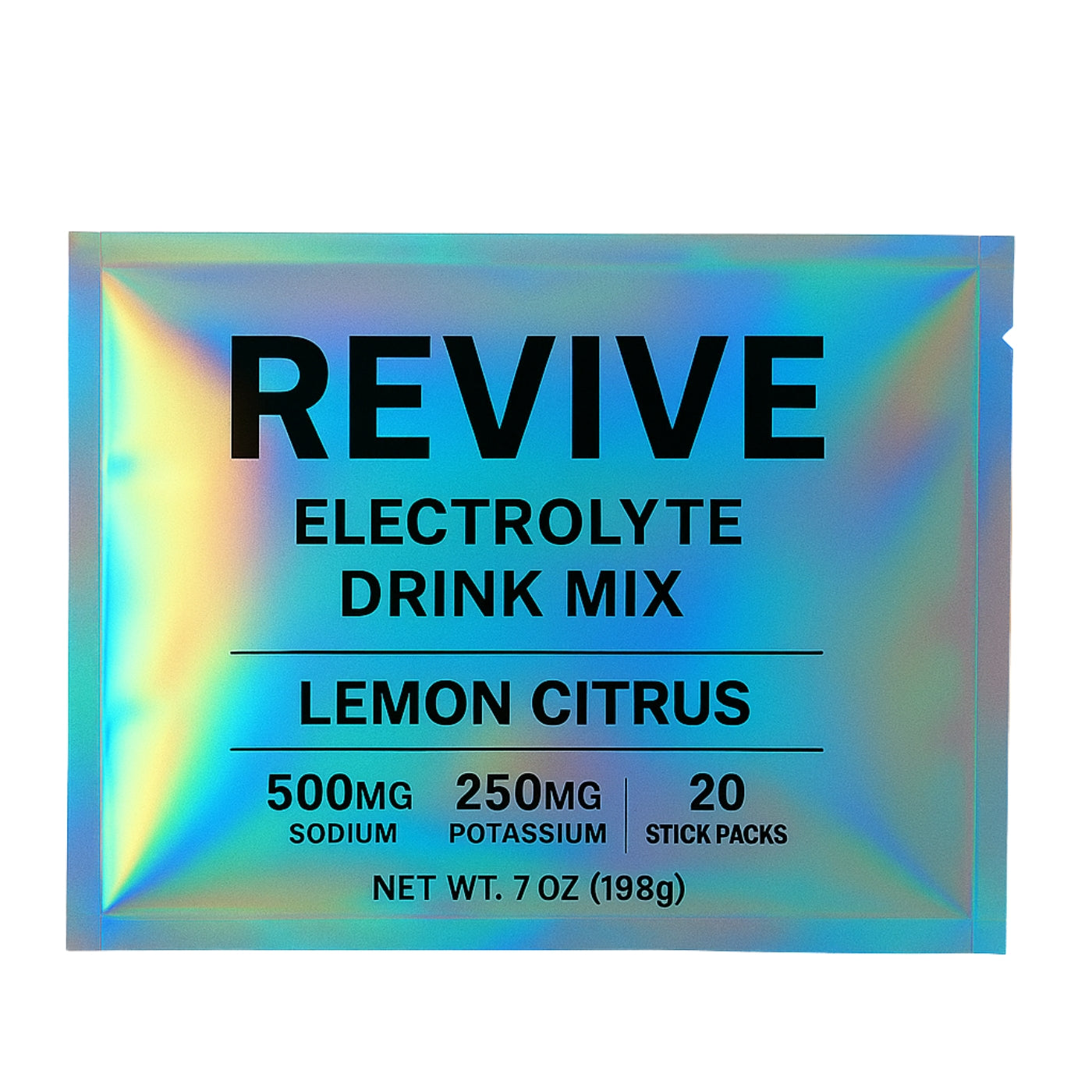 Holographic Revive lemon citrus pouch with a prismatic, color-shifting finish