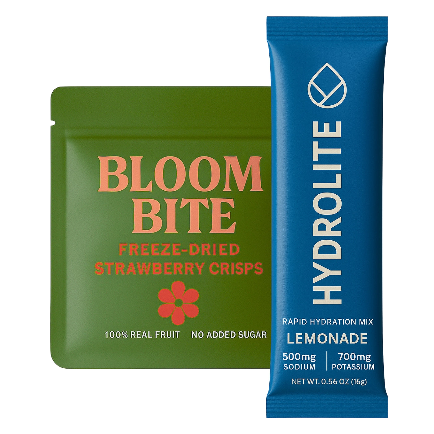 Bloom Bite strawberry crisps pouch with a Hydrolite stick pack in a soft touch matte blue finish