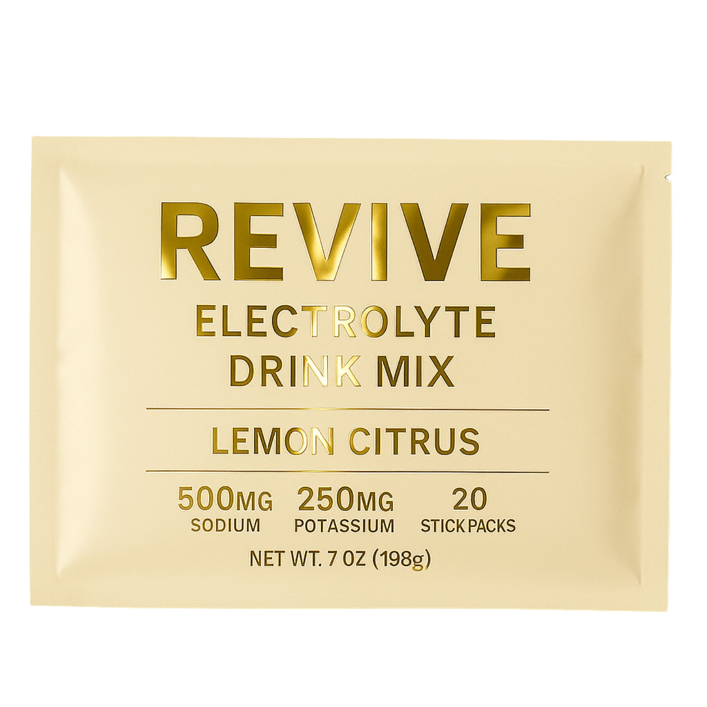 Metallic gold Revive electrolyte drink mix pouch with reflective premium finish