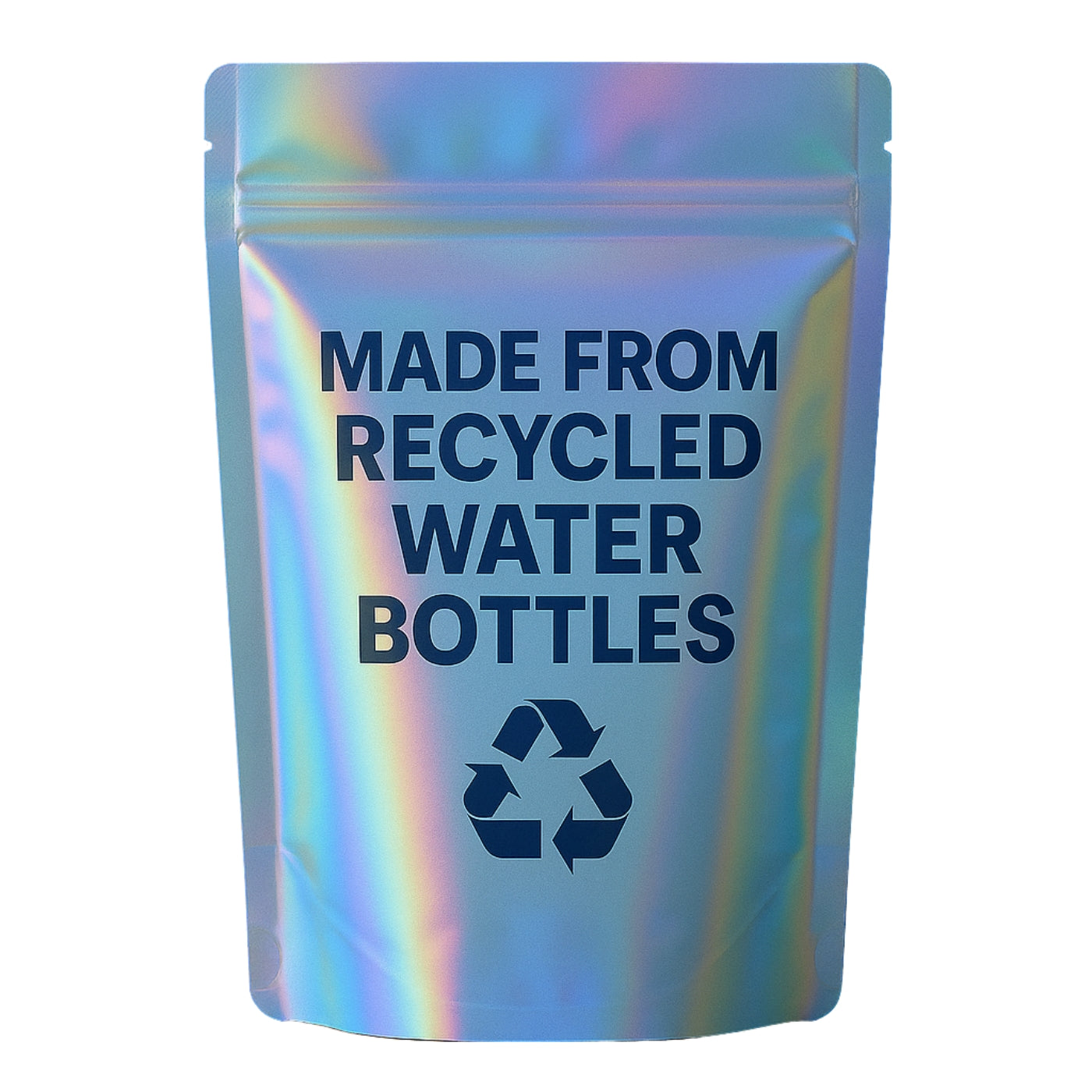 Holographic pouch with bold blue text reading 'Made from Recycled Water Bottles' and a recycling icon