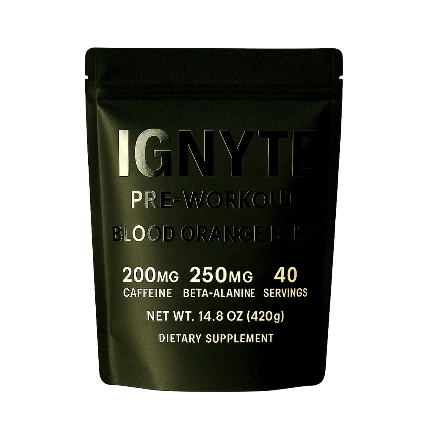 Black IGNYTE Pre-Workout pouch featuring subtle glossy accents for spot UV effect