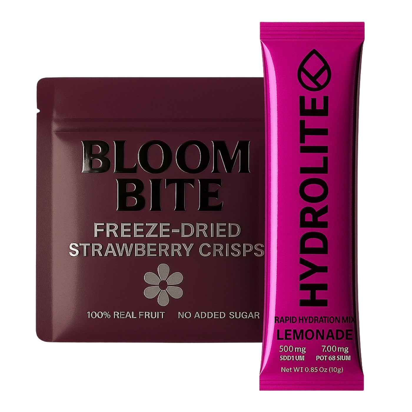 Bloom Bite pouch and hot pink Hydrolite stick pack with glossy accents for spot UV effect