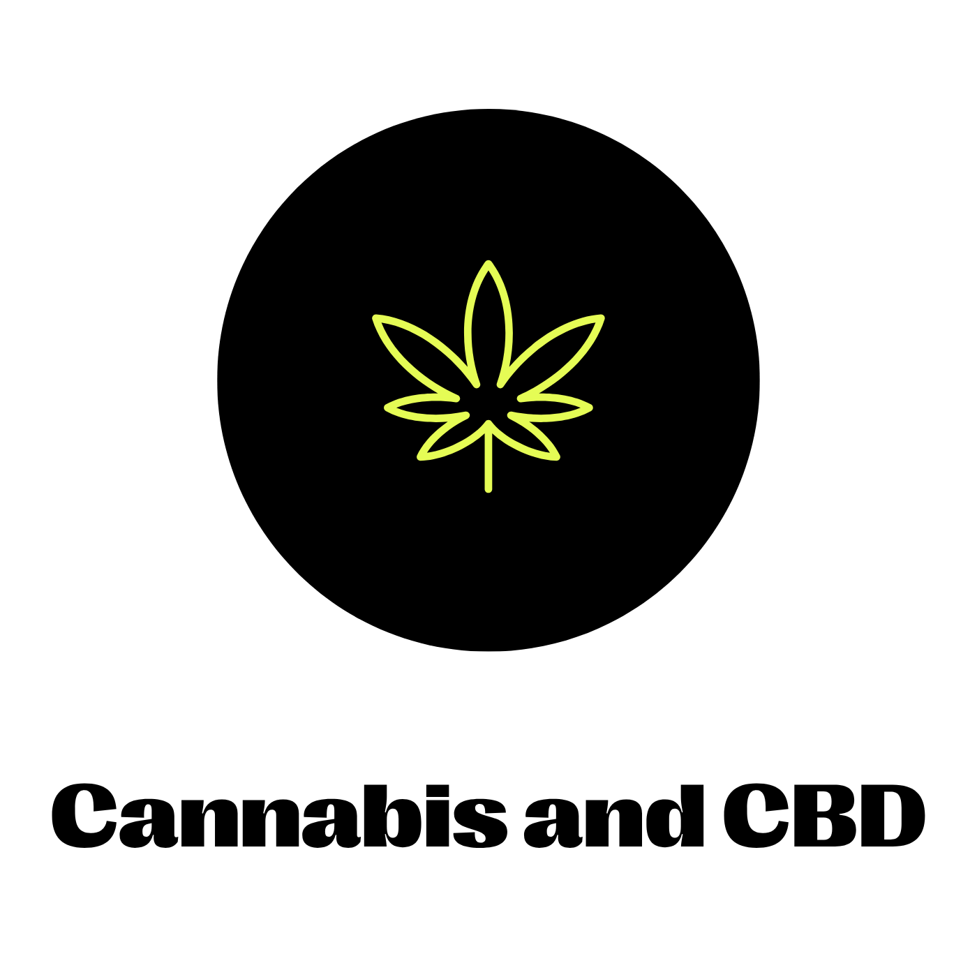 Black circle icon with a cannabis leaf illustration labeled 'Cannabis and CBD'