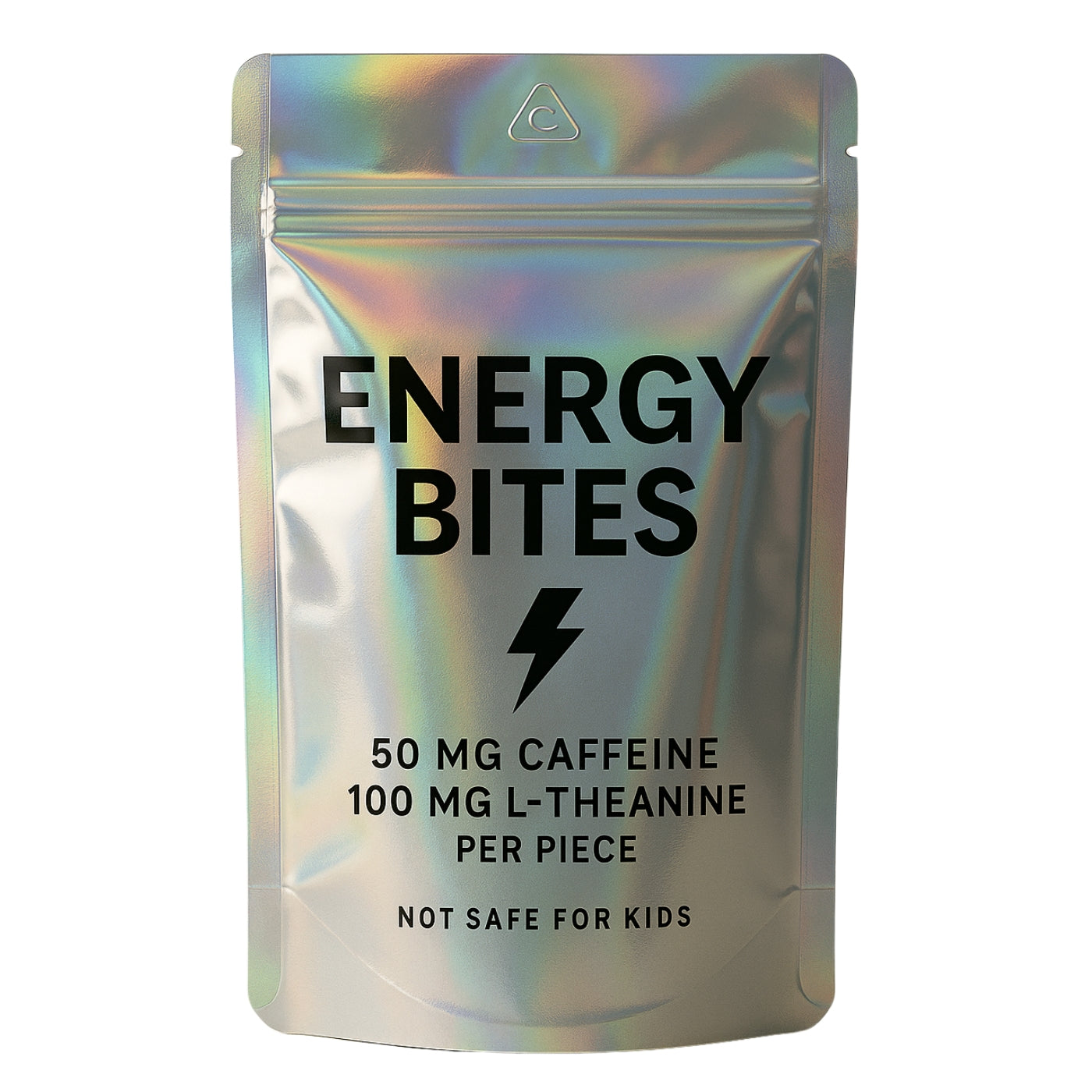 Holographic ENERGY BITES pouch with a prismatic finish that shifts with light