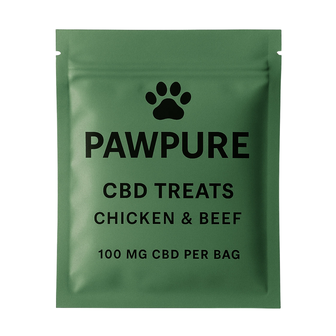 Two green PAWPURE CBD Treats pouches labeled 'Chicken & Beef' side by side—one in a stand-up format and the other in a lay-flat format, both featuring child-resistant closures