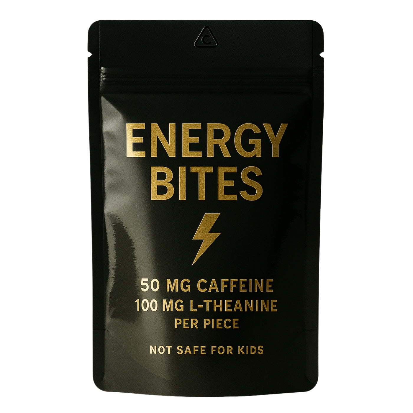 Black ENERGY BITES pouch with reflective metallic gold text and icons