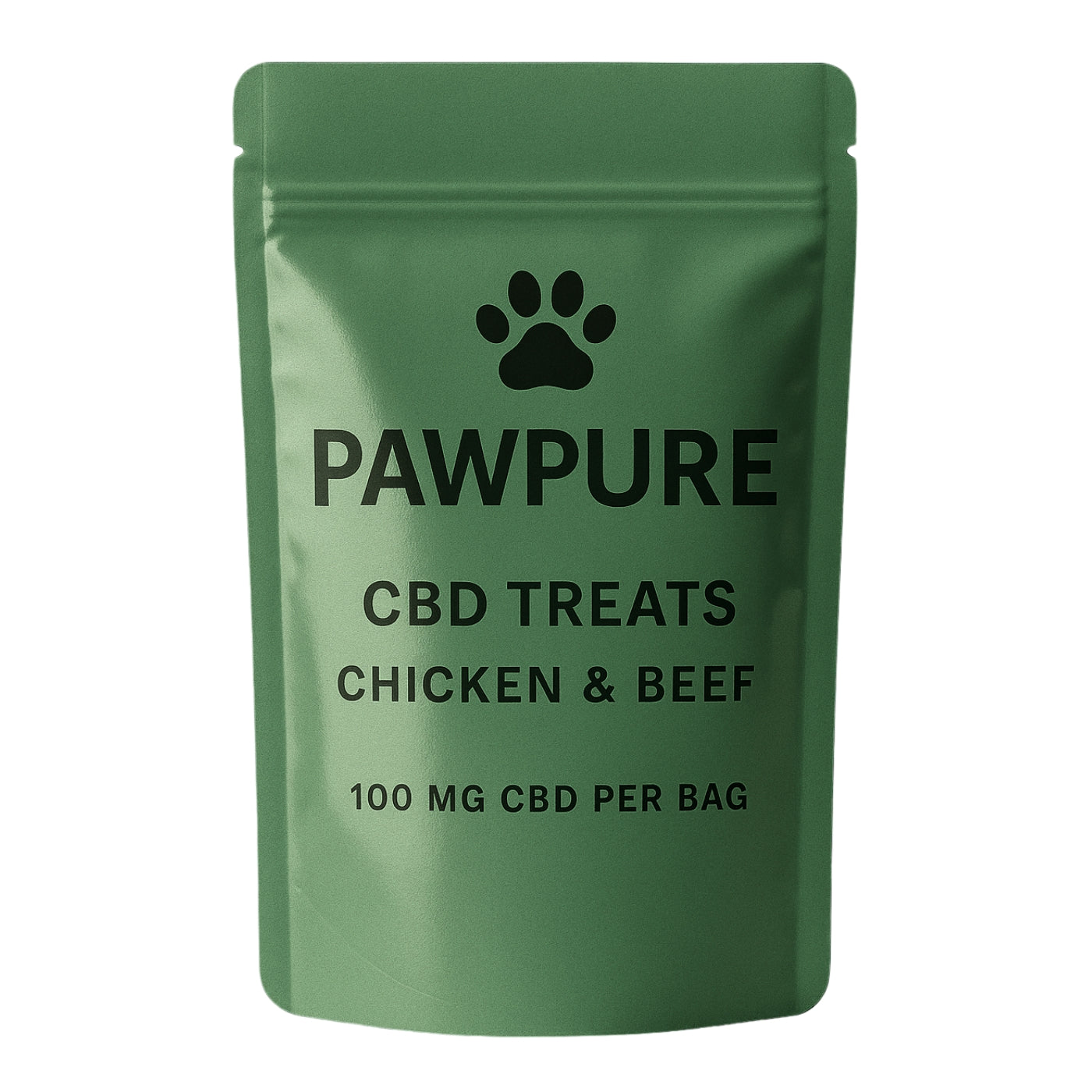 Two green PAWPURE CBD Treats pouches labeled 'Chicken & Beef' side by side—one in a stand-up format and the other in a lay-flat format, both featuring child-resistant closures