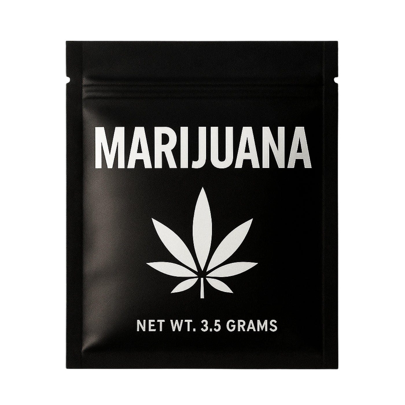 Two black cannabis Mylar pouches labeled 'Marijuana' side by side—one in a stand-up format with 'Hybrid' text and one in a lay-flat format, both with resealable closures and bold white cannabis leaf icons