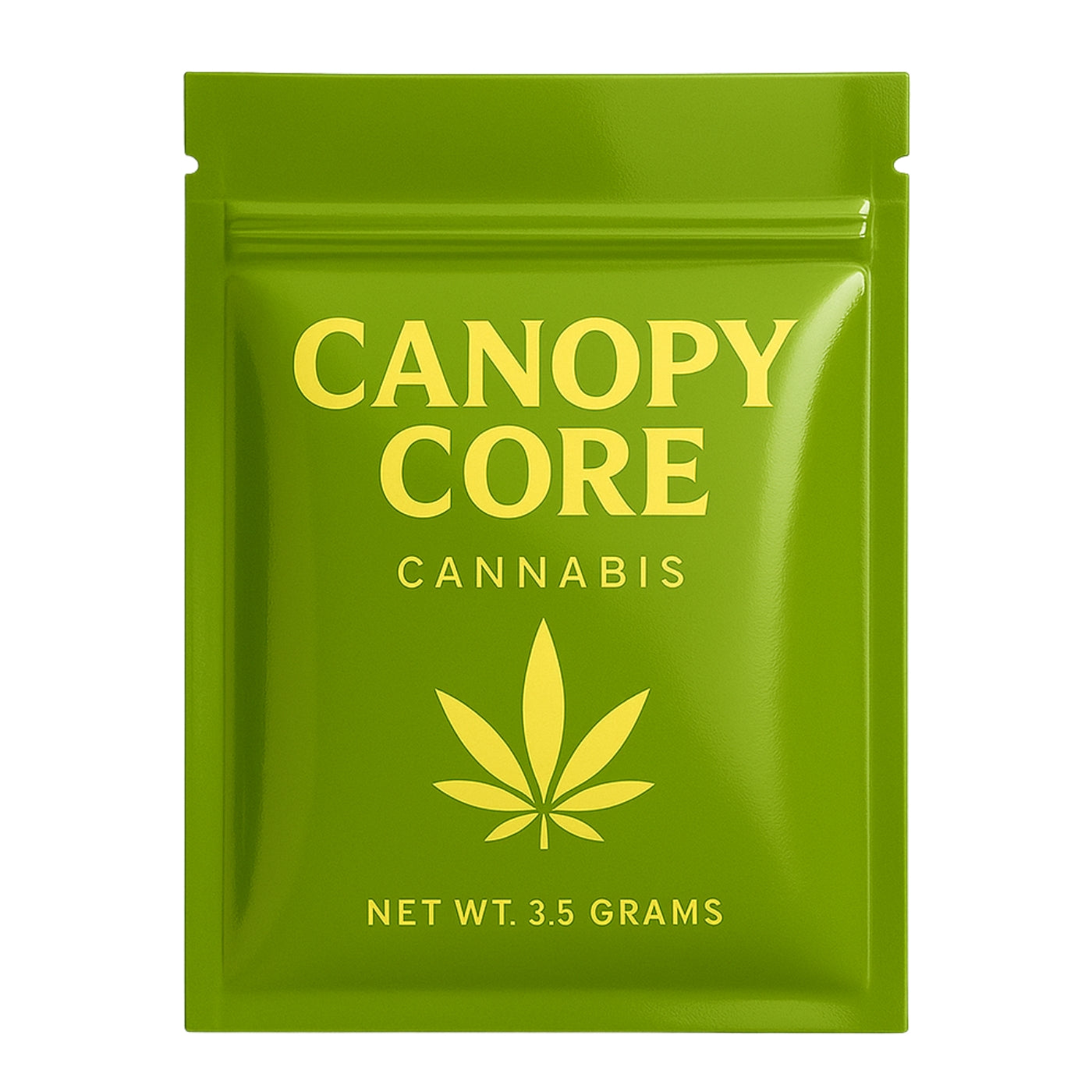 Glossy green CANOPY CORE Cannabis pouch with a sleek, shiny surface