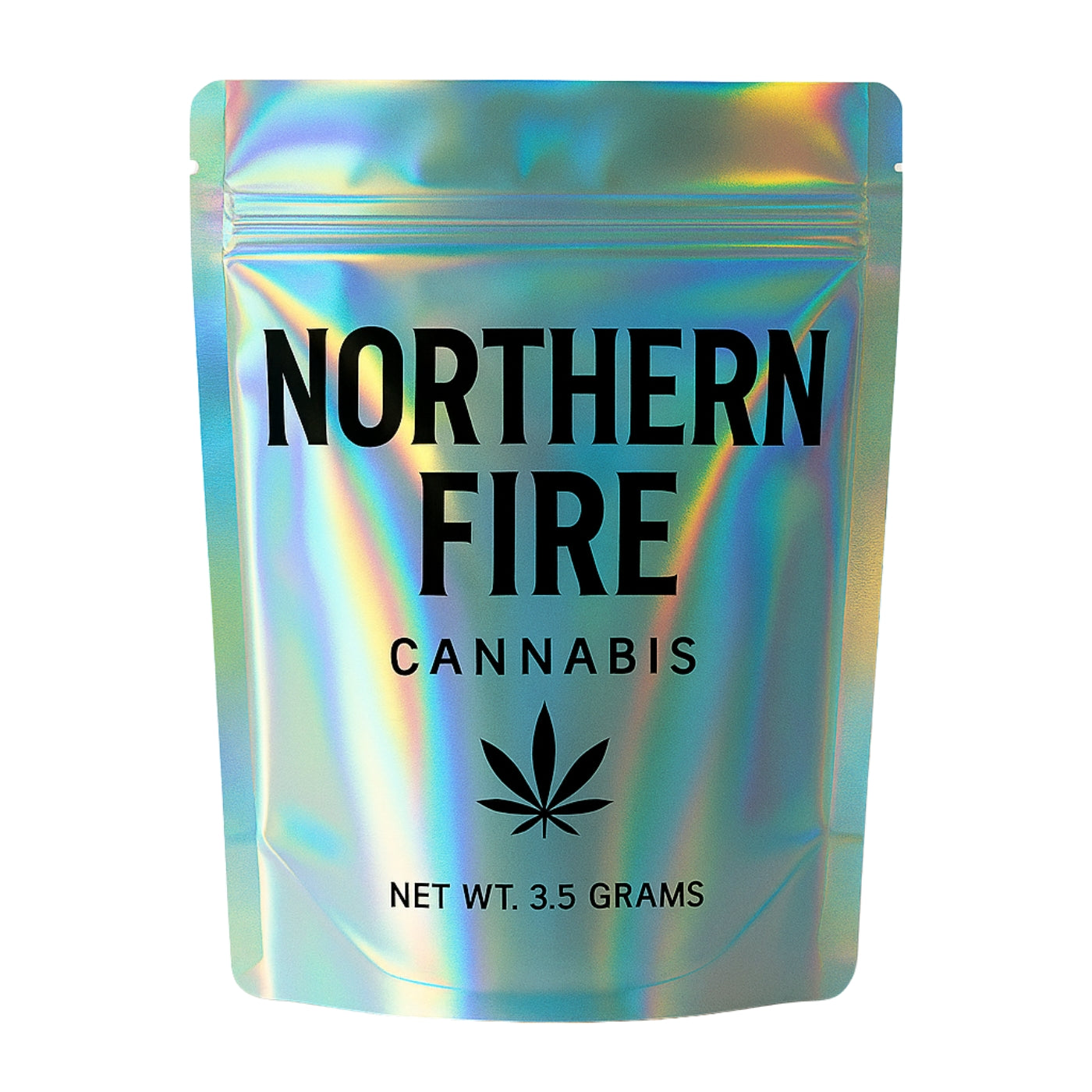 Holographic NORTHERN FIRE Cannabis pouch with a prismatic finish that shifts color in the light