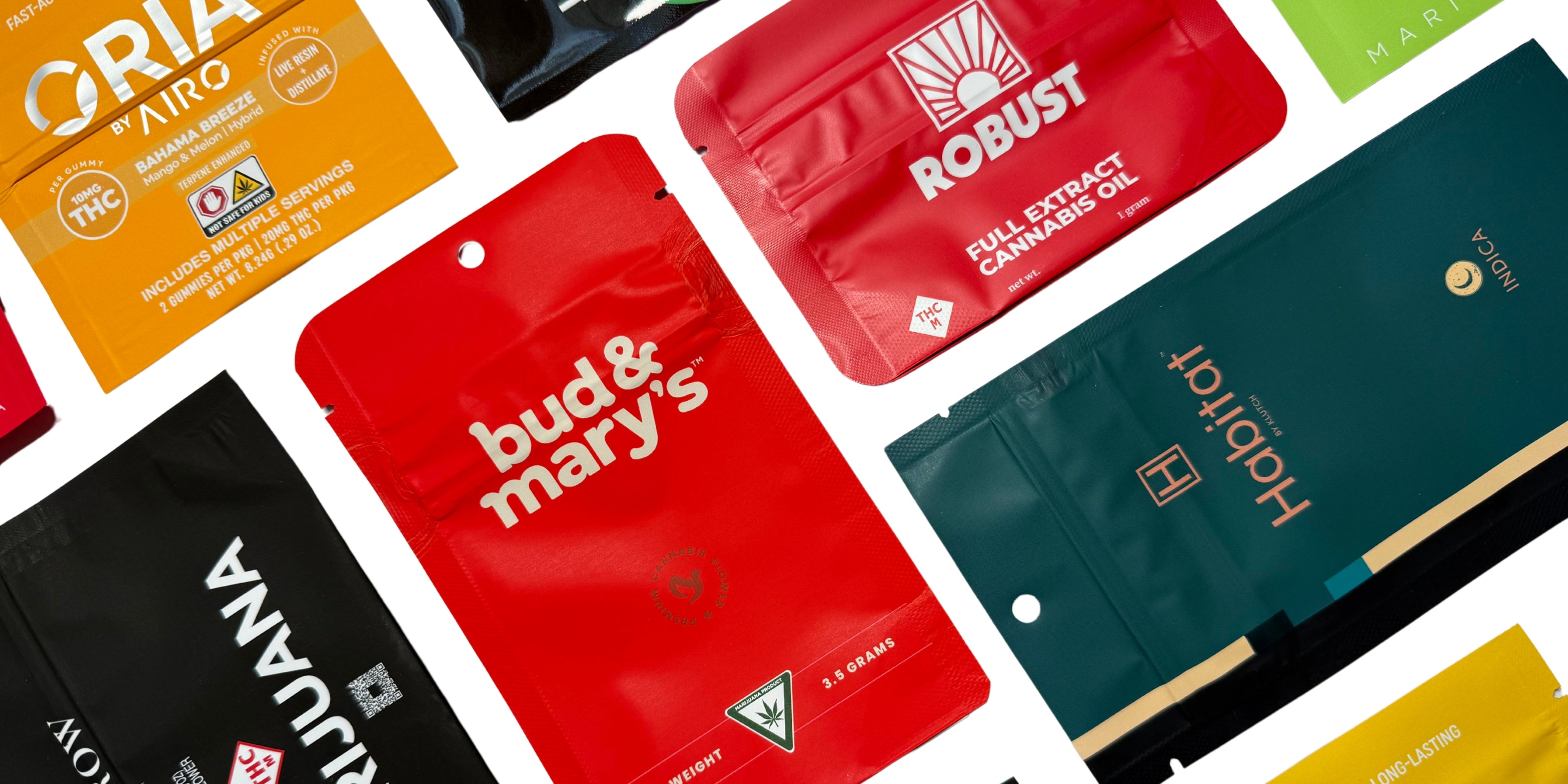 Colorful array of custom Mylar pouches for cannabis and wellness products, featuring various finishes and closure types, displayed beneath the headline 'Custom Mylar Pouches Built for Cannabis and Beyond'