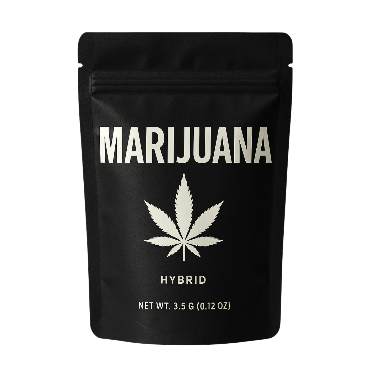 Two black cannabis Mylar pouches labeled 'Marijuana' side by side—one in a stand-up format with 'Hybrid' text and one in a lay-flat format, both with resealable closures and bold white cannabis leaf icons