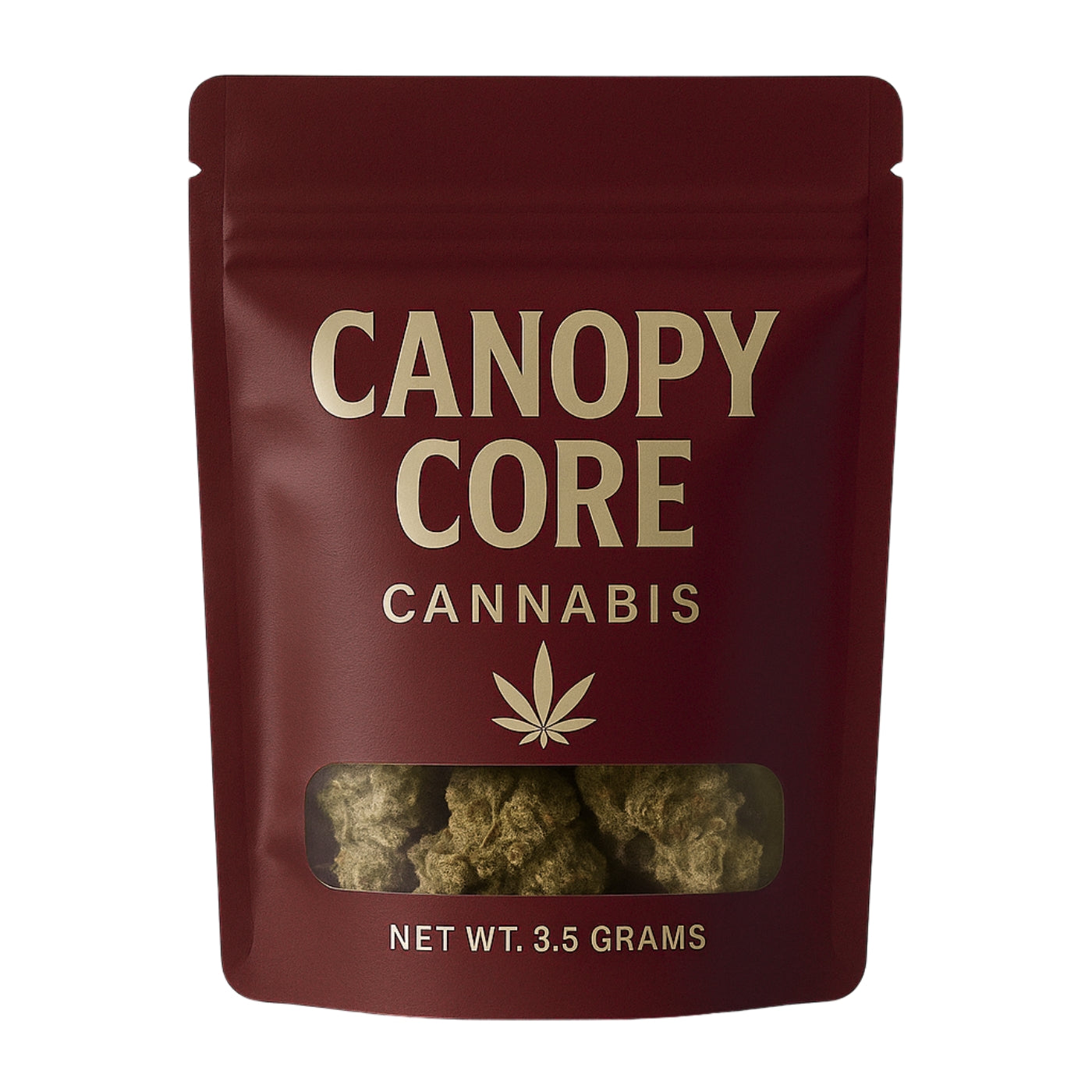 Red CANOPY CORE Cannabis pouch with a transparent window revealing flower inside
