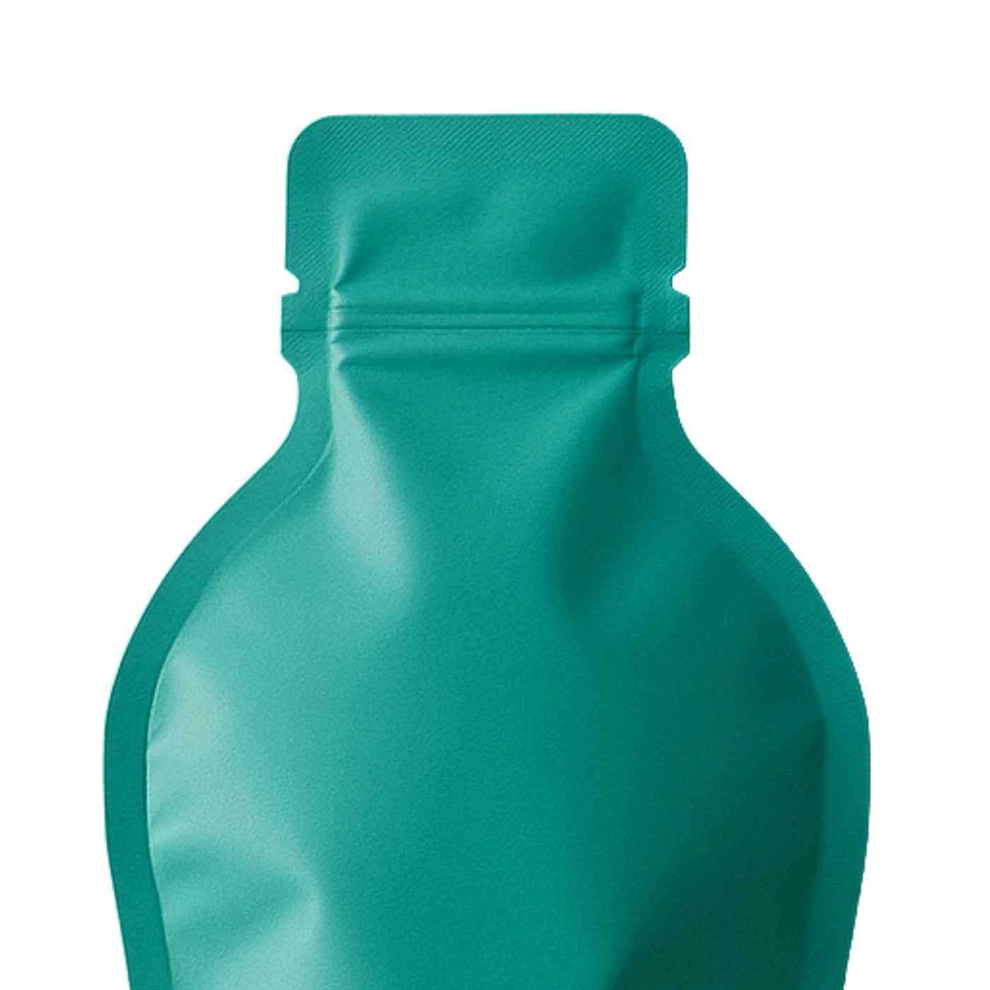 Teal die-cut stand-up pouch with custom curved silhouette and narrow neck