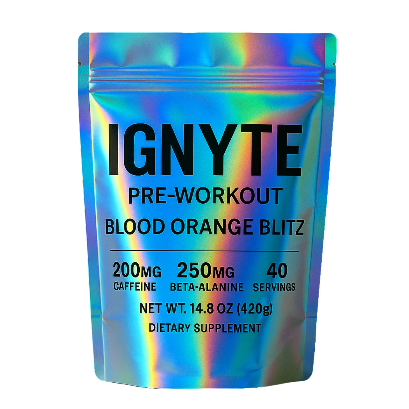 Holographic IGNYTE Pre-Workout pouch with rainbow prismatic finish and bold black text