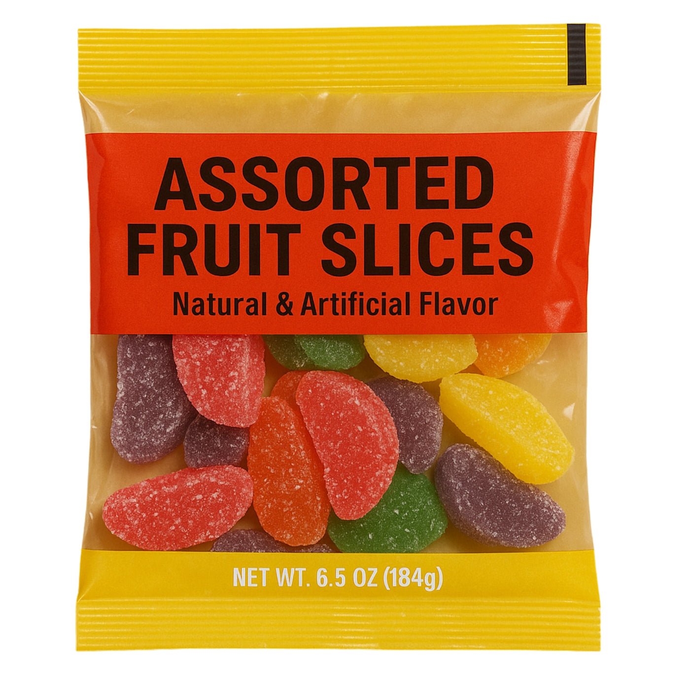 Assorted Fruit Slices pouch with a transparent window showing colorful gummy candies inside
