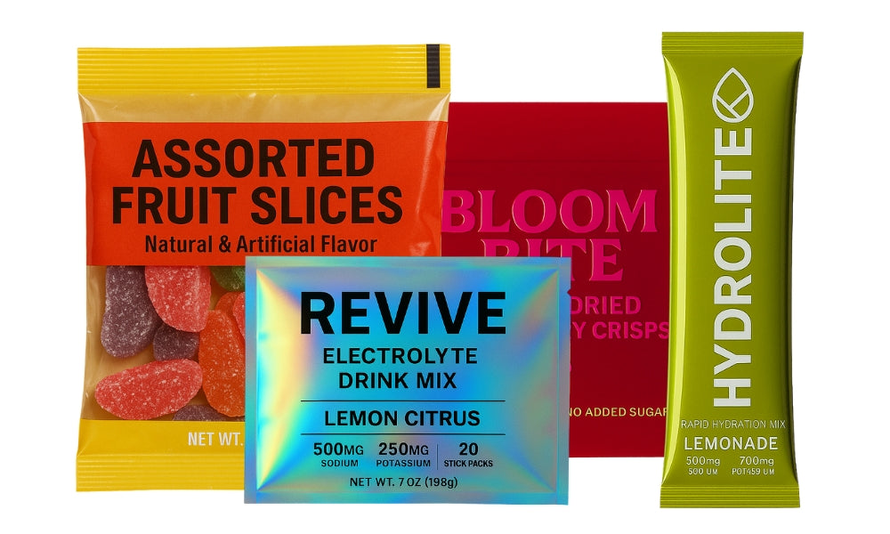 Collection of colorful packaging including Assorted Fruit Slices in a clear window pouch, Bloom Bite strawberry crisps, a holographic Revive electrolyte drink mix pouch, and a Hydrolite lemonade hydration stick pack