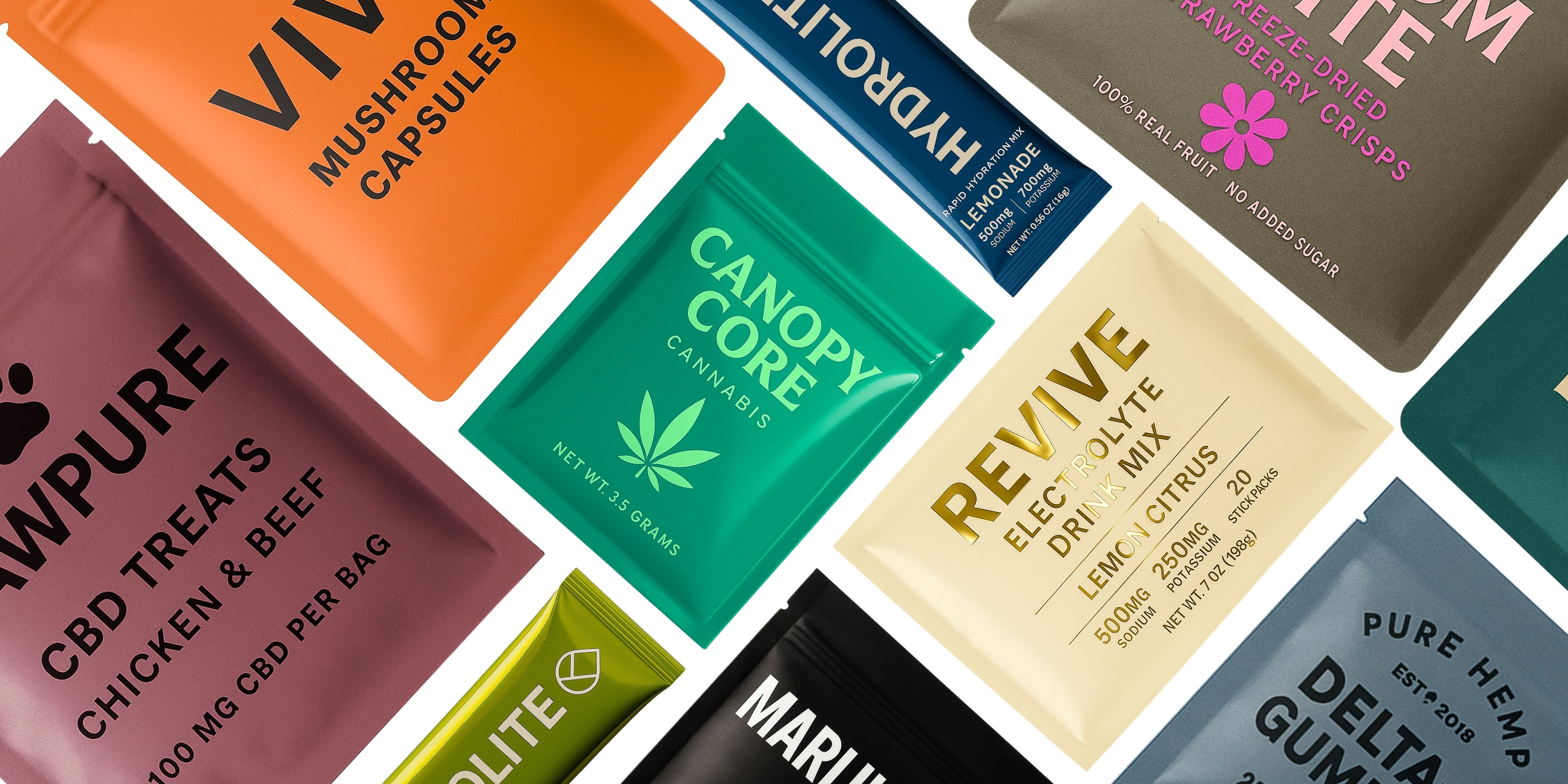 Colorful assortment of lay-flat pouches showcasing various health and wellness products, including mushroom capsules, CBD pet treats, cannabis flower, electrolyte drink mixes, freeze-dried fruit, and hemp gummies. Each pouch features bold branding and distinct colors, highlighting the versatility and customizability of flexible packaging formats.