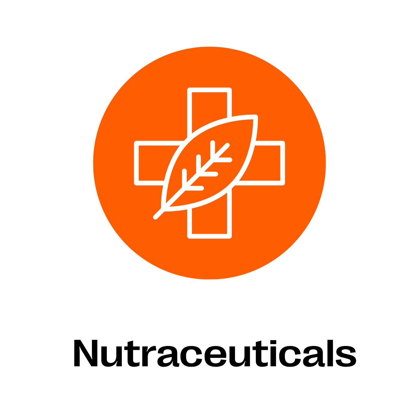 Logo with an orange circle, white cross, and leaf, accompanied by the word 'Nutraceuticals'.