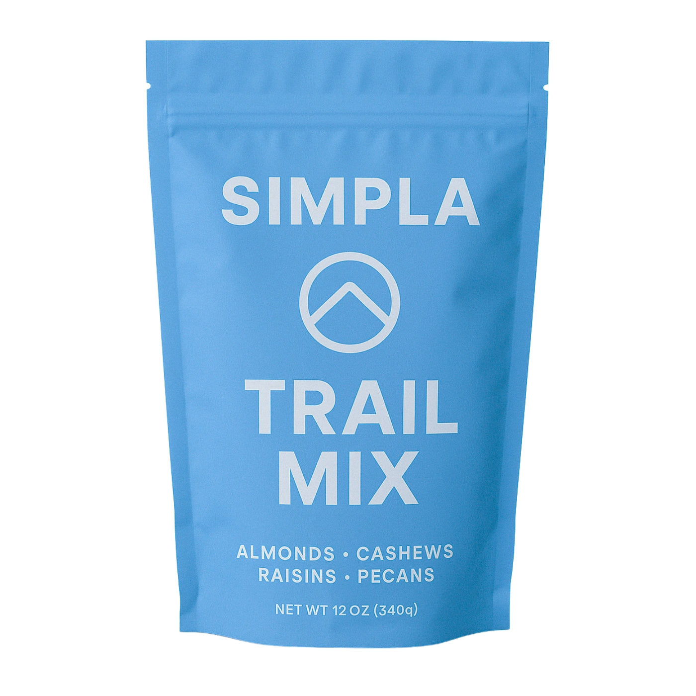Light blue stand-up pouch labeled SIMPLA Trail Mix with a soft matte finish