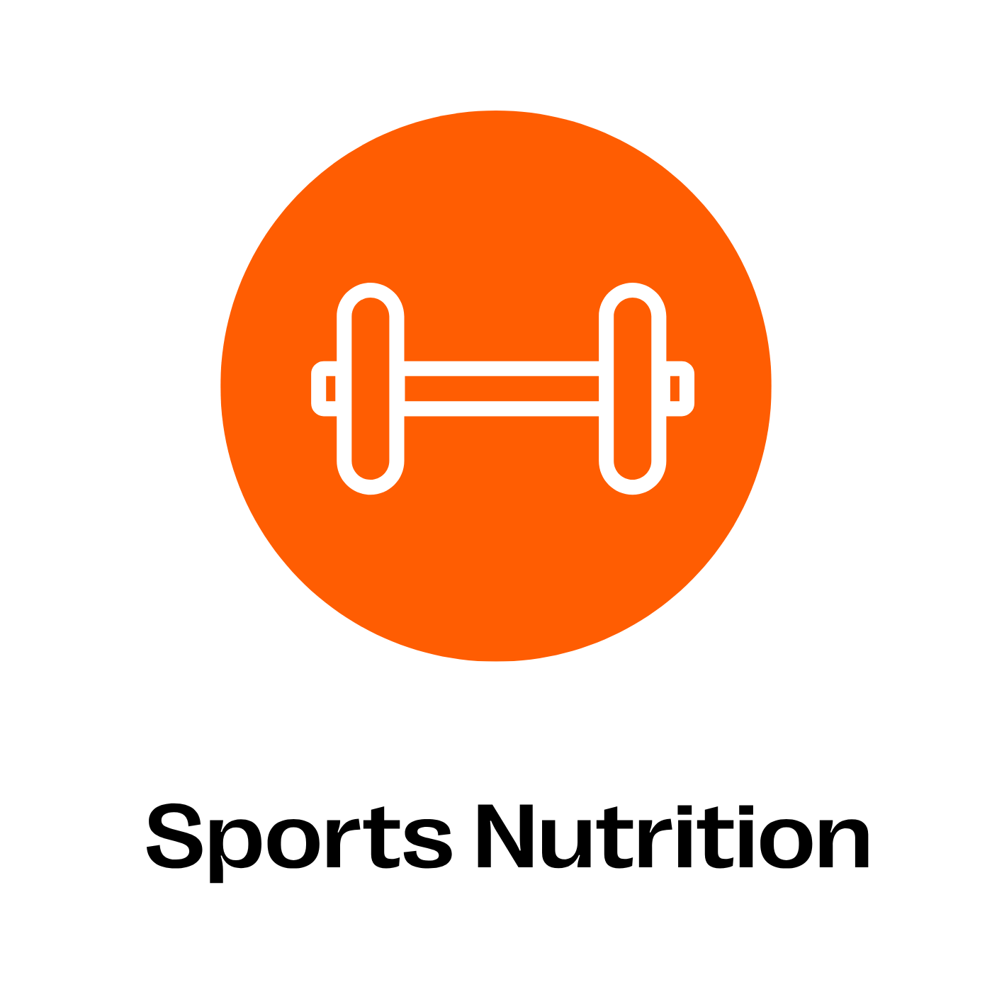 Logo for sports nutrition with an orange circle and barbell icon on a white background.