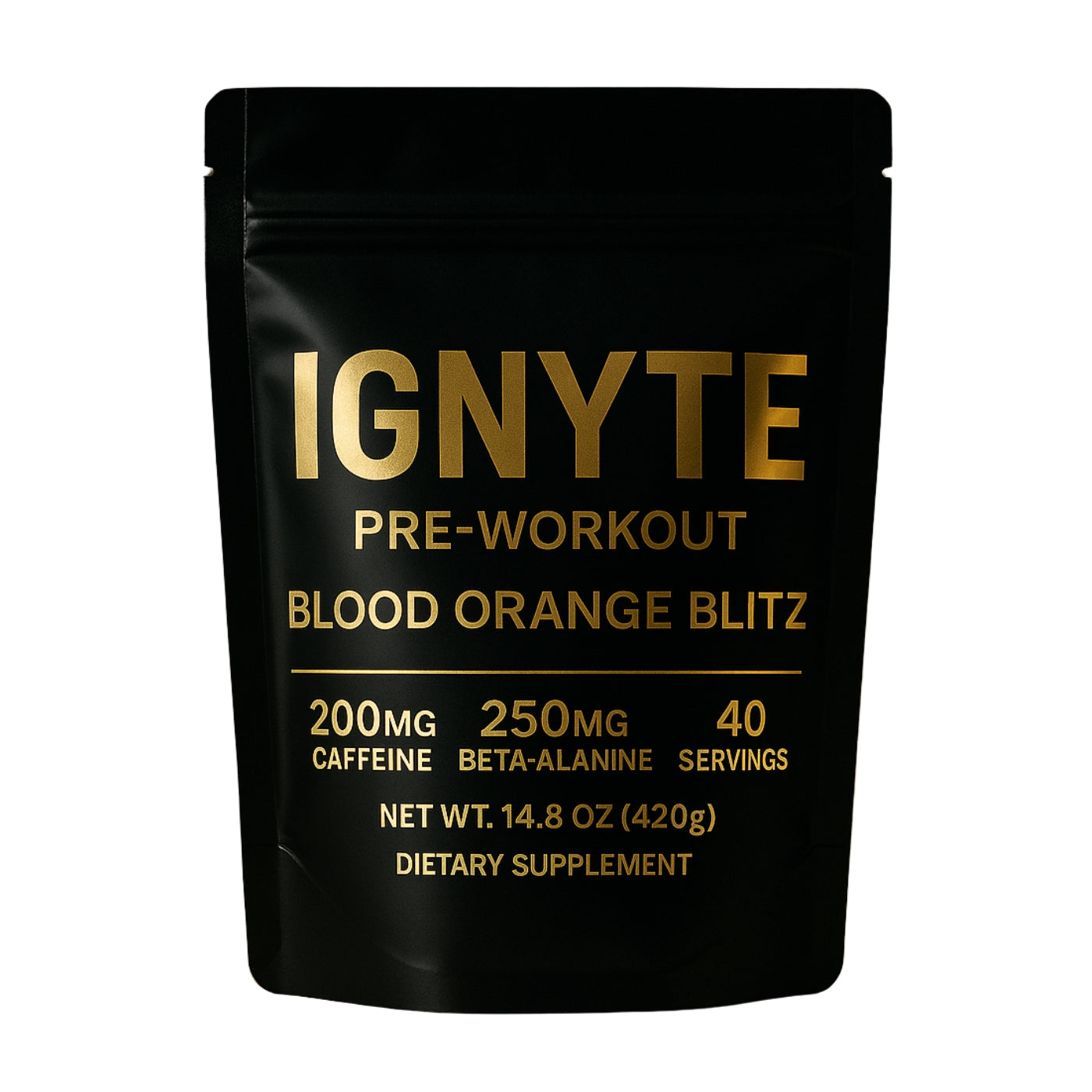 Black IGNYTE Pre-Workout pouch with gold metallic text and sleek foil finish