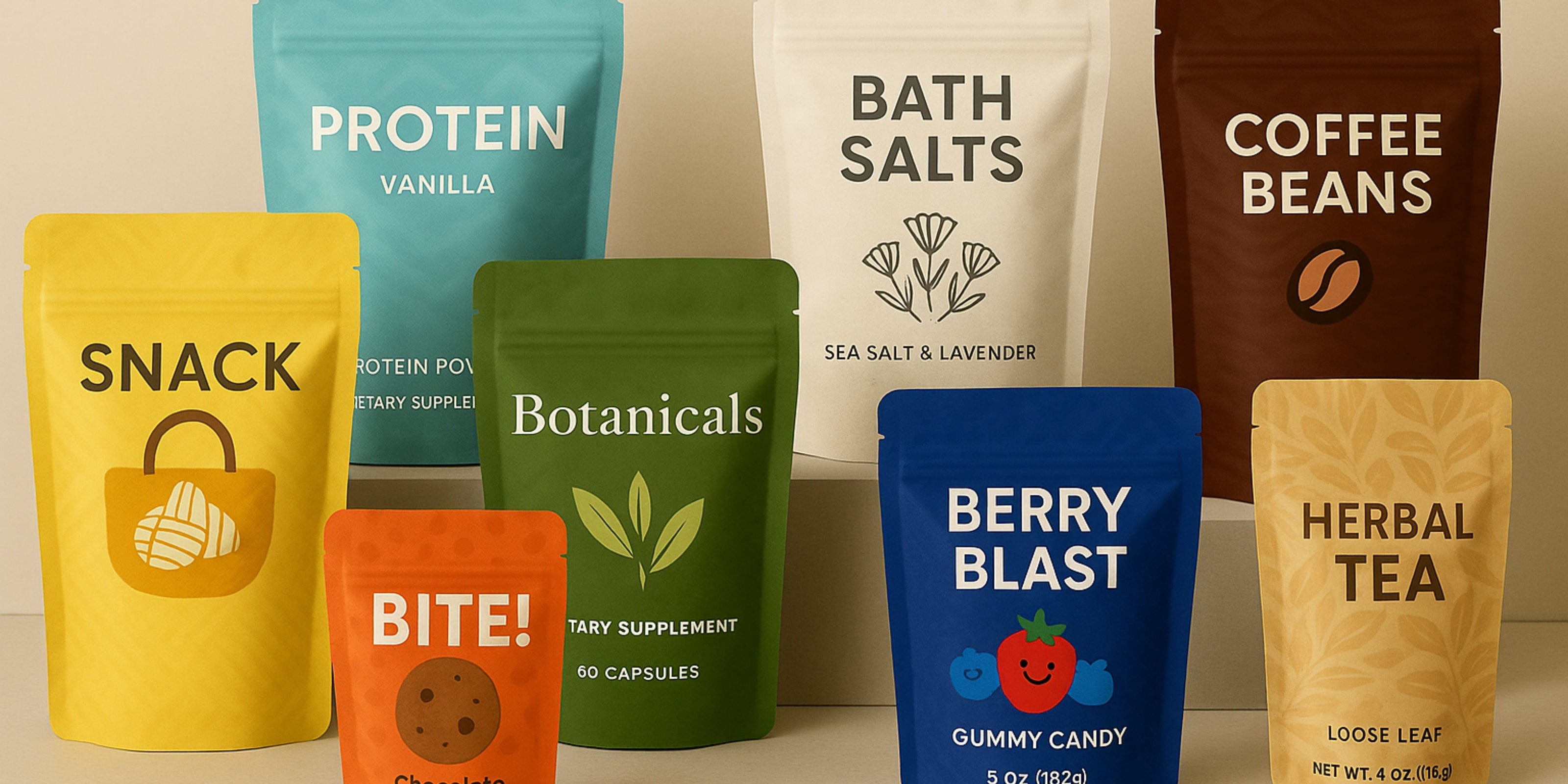 Custom stand-up pouches in a variety of colors, finishes, and formats displayed against a neutral backdrop