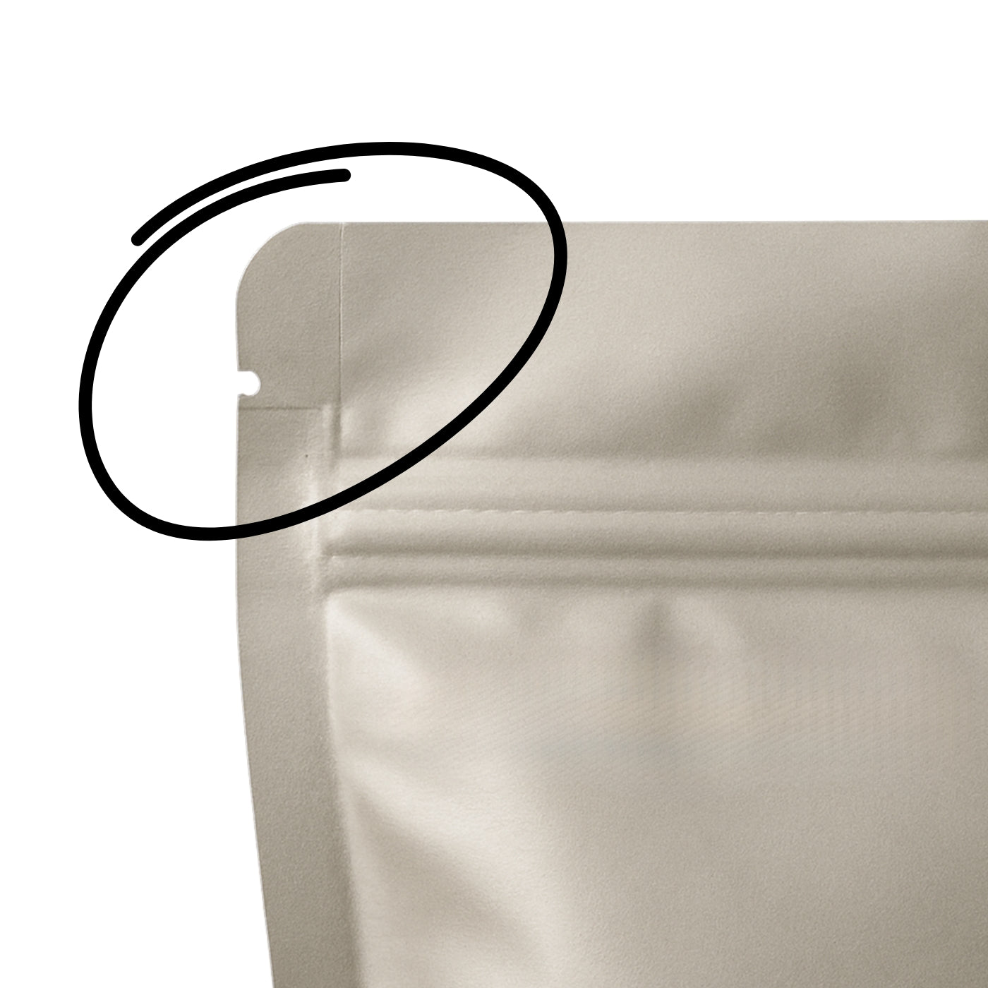 Close-up of a beige pouch highlighting rounded corners with a black circle