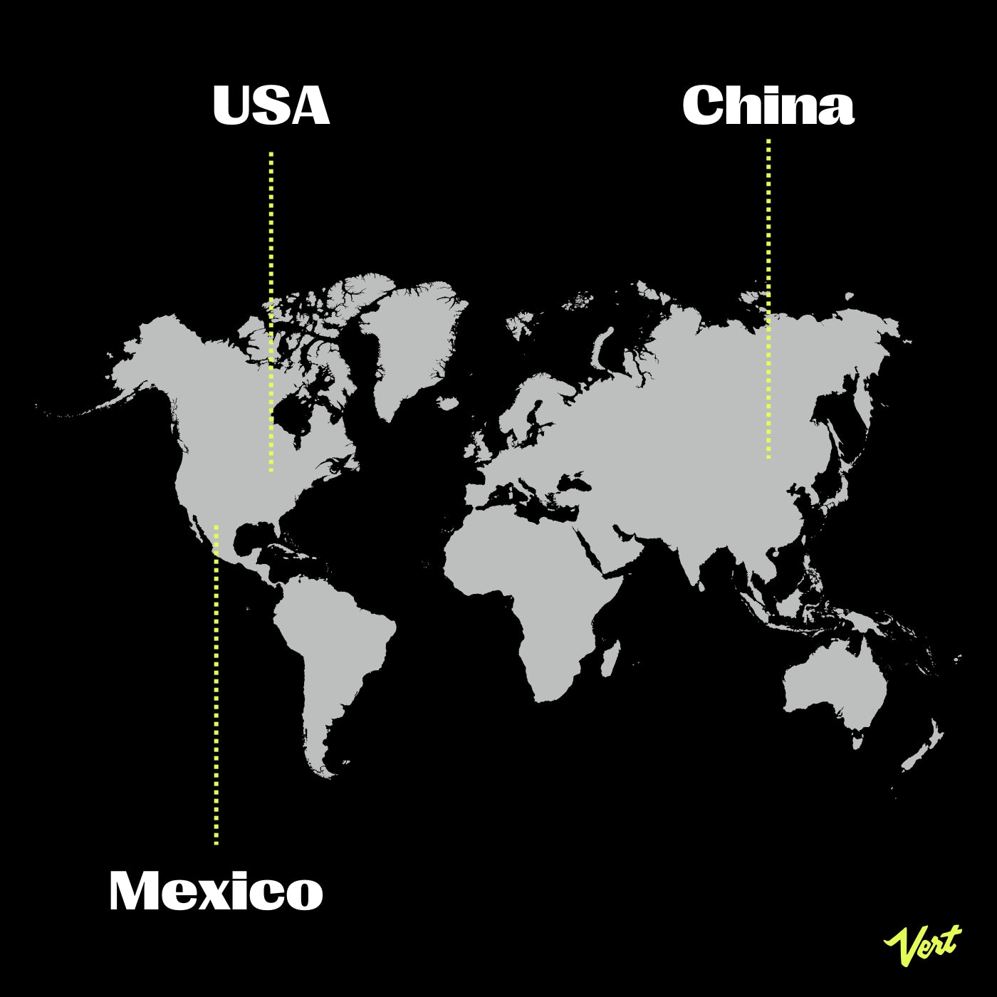 World map highlighting Vert’s pouch manufacturing hubs in the USA, Mexico, and China with dotted yellow lines pointing to each location