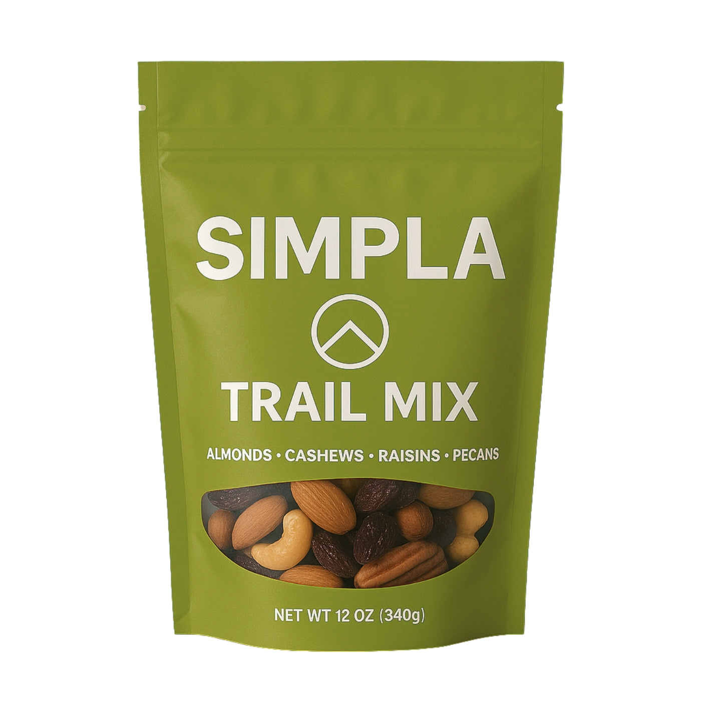 Green SIMPLA Trail Mix pouch with a transparent window revealing almonds, cashews, and raisins inside
