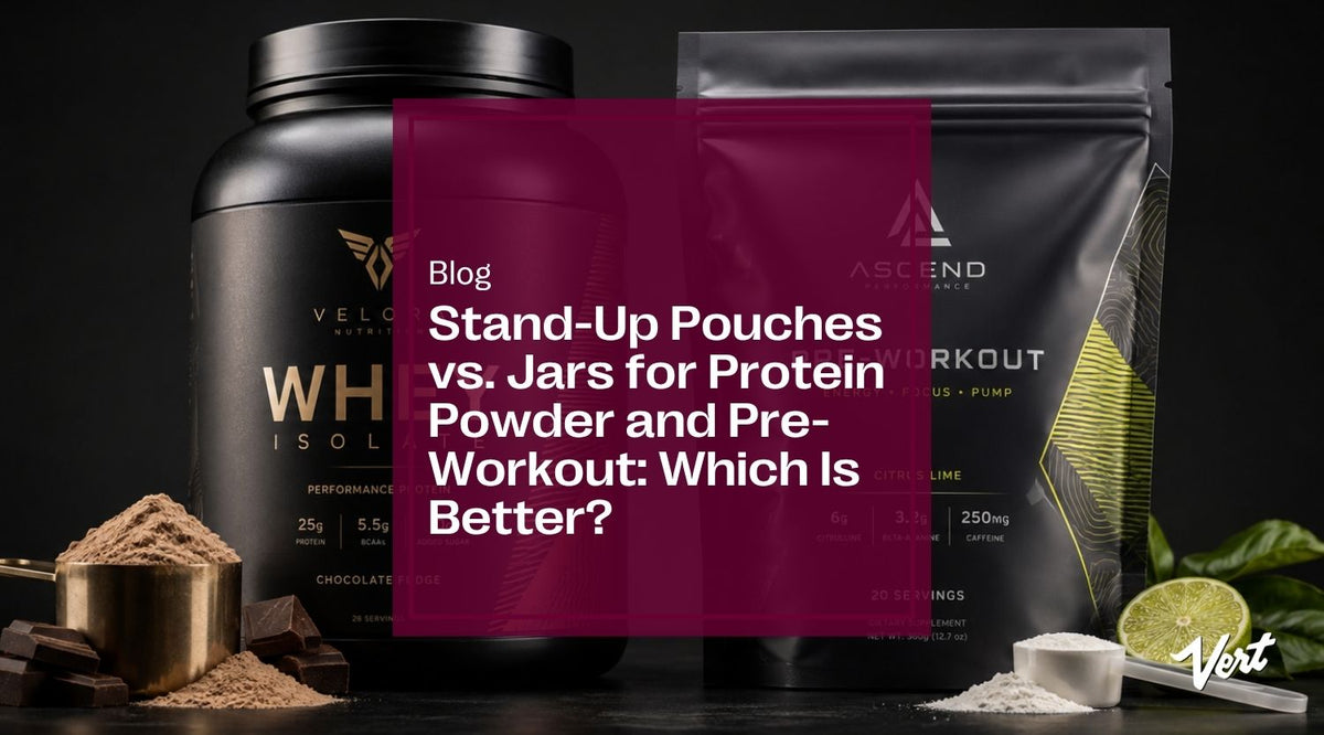 Stand-up pouch and rigid jar used for protein powder and pre-workout packaging