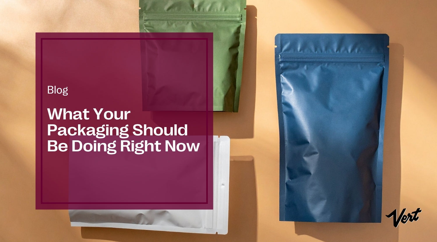 Banner with blog title in a maroon box overlaying an image of 3 different color pouches on a table with sunlight and shadows