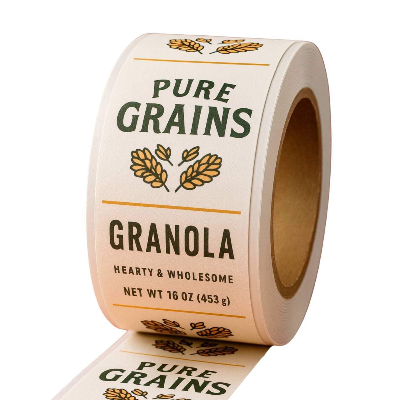 Roll of 'Pure Grains Granola' labels on a white background