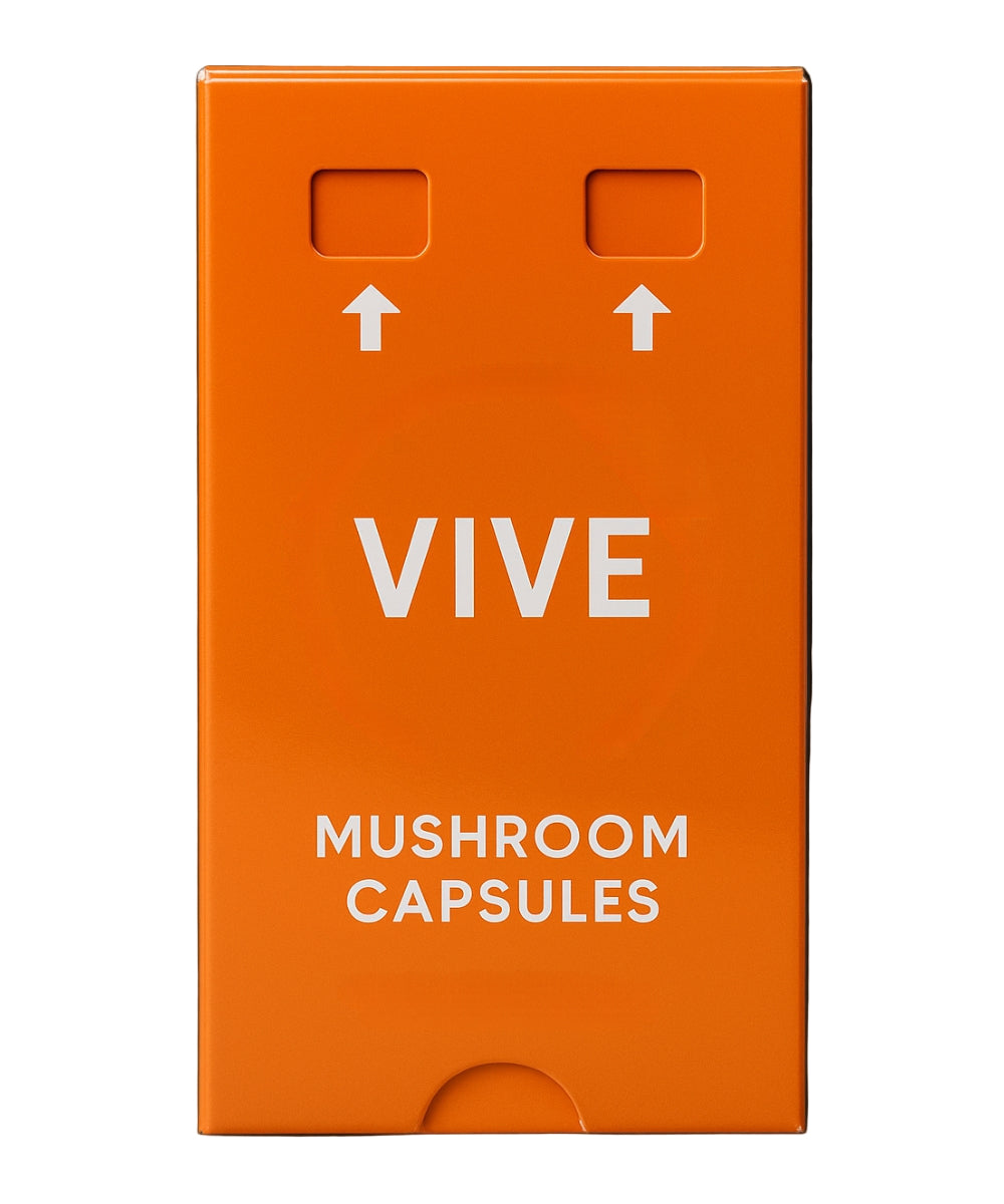 Orange box of 'VIVE' mushroom capsules on a white background