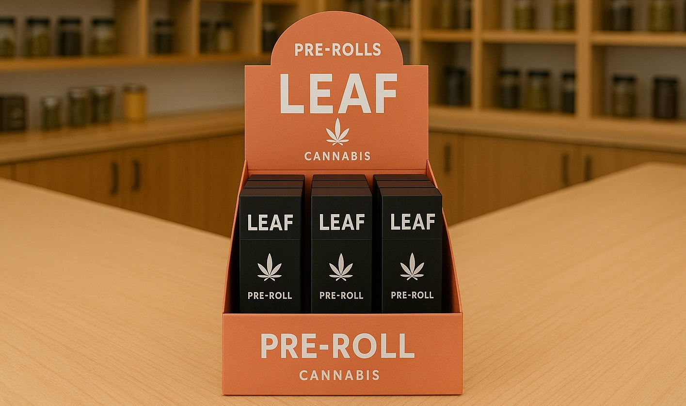 Display of Leaf cannabis pre-rolls on a wooden surface