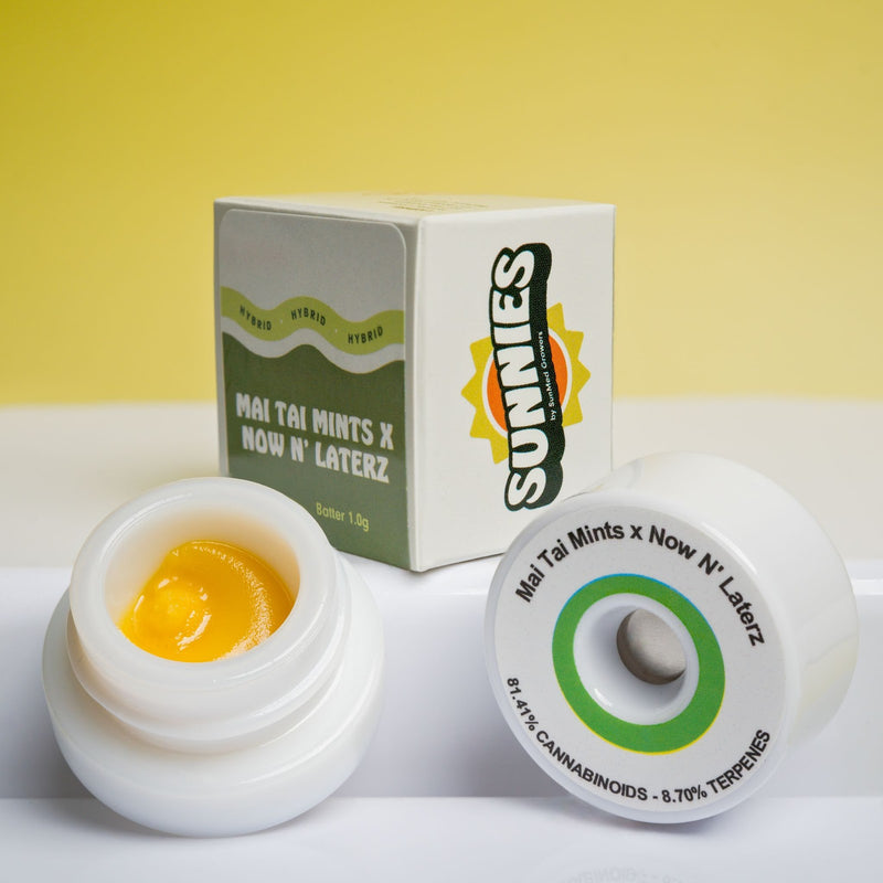 Pop-Vac Jar full of cannabis concentrate product with packaging labeled 'Sunnies' on a white background