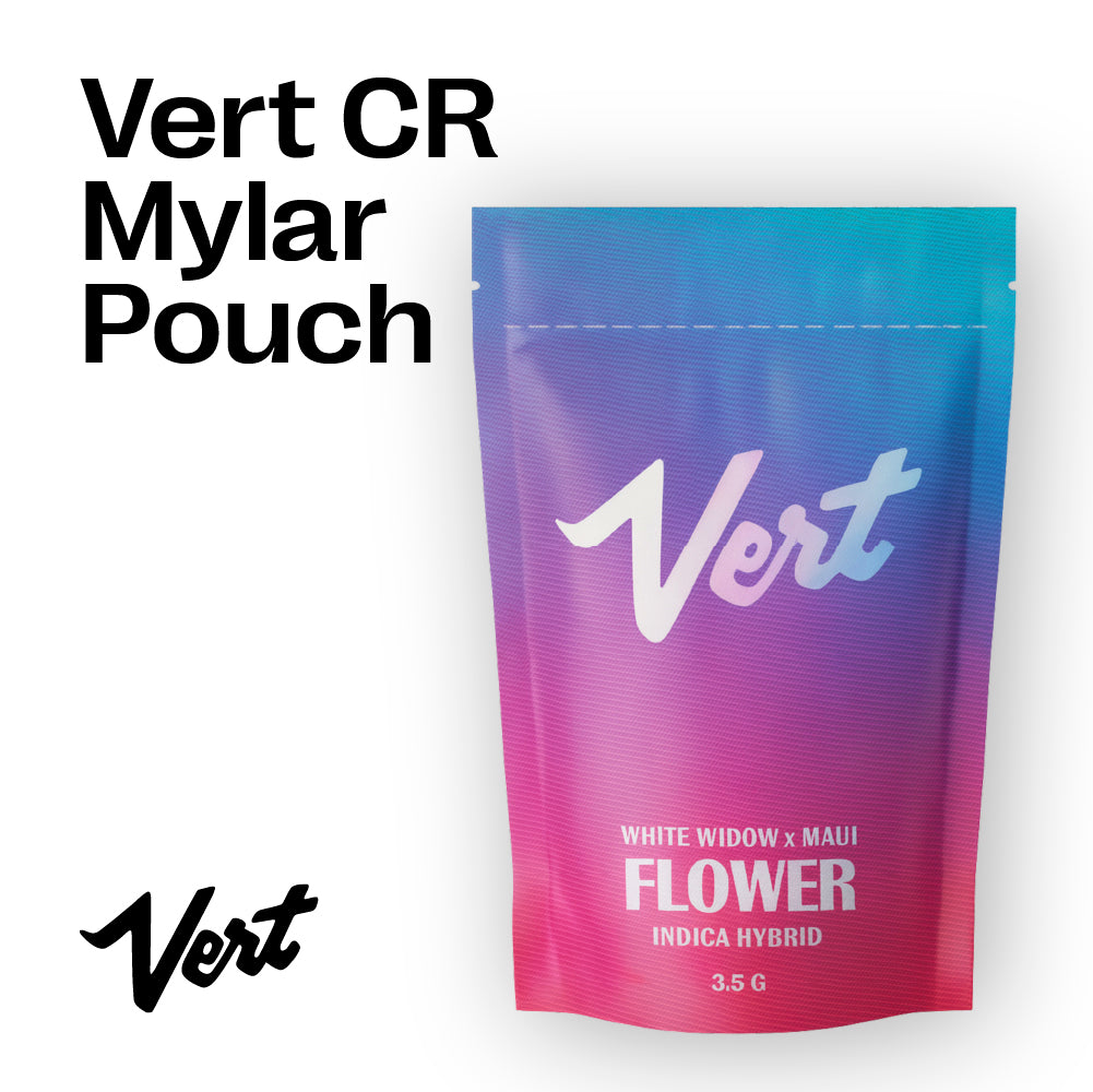 Gradient mylar pouch with 'Vert' branding on a white background