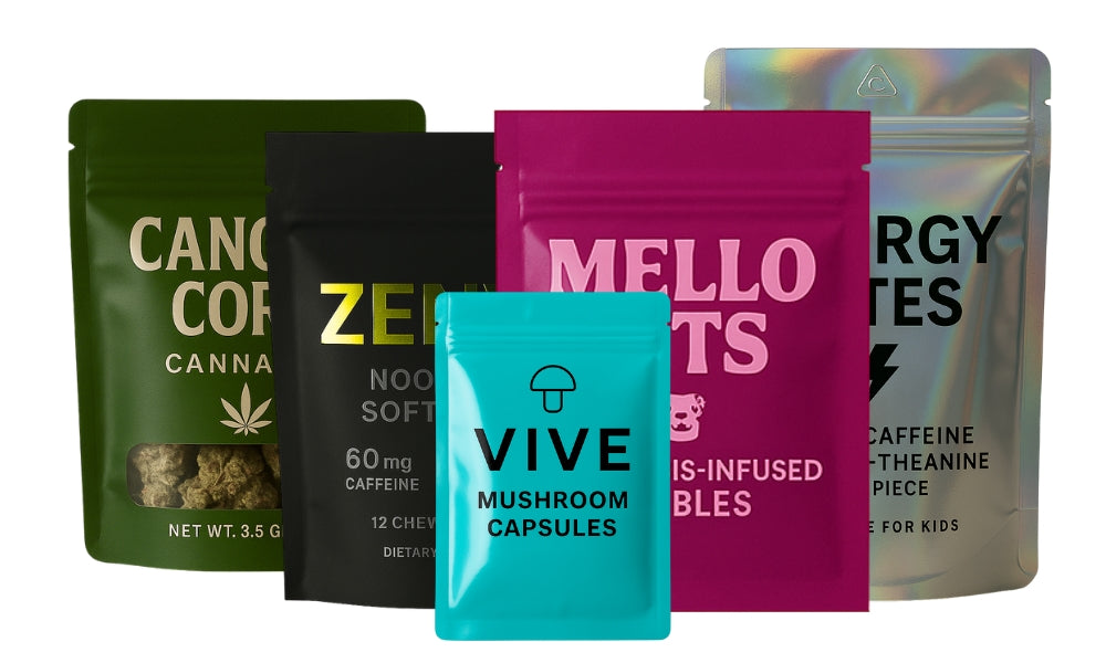 Group of five colorful child-resistant pouches labeled CANOPY CORE cannabis, ZENVY nootropic soft chews, MELLO BITS edibles, VIVE mushroom capsules, and ENERGY BITES, showcasing various product types and finishes