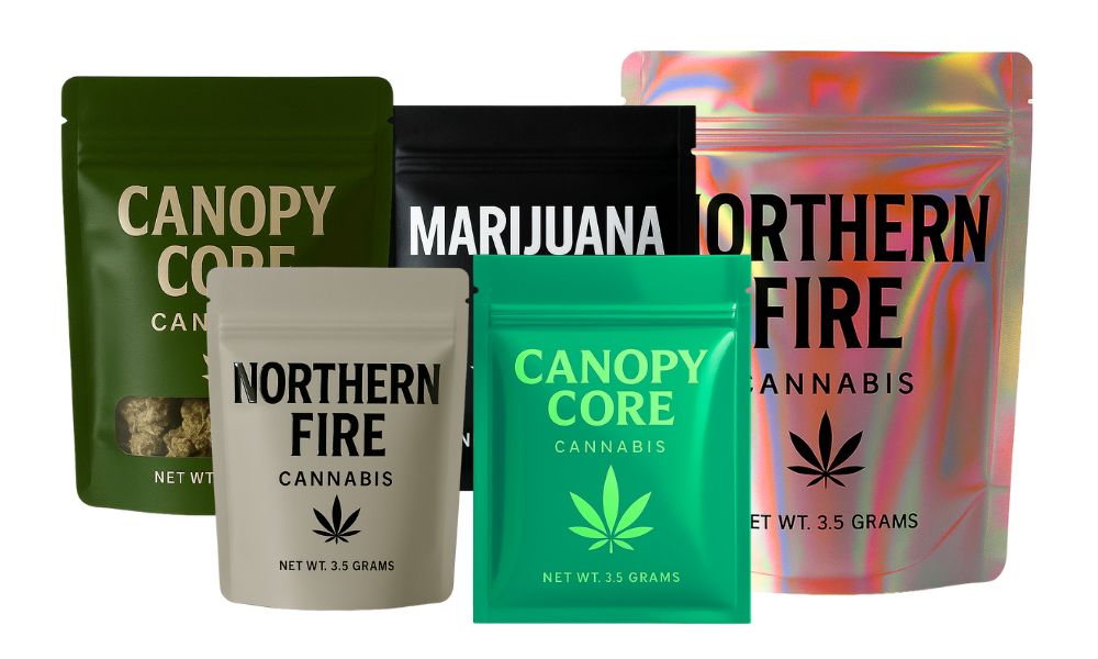 Collection of custom cannabis Mylar pouches featuring different brands, finishes, and formats—including stand-up and lay-flat styles for CANOPY CORE, NORTHERN FIRE, and MARIJUANA, with matte, gloss, holographic, and clear window options