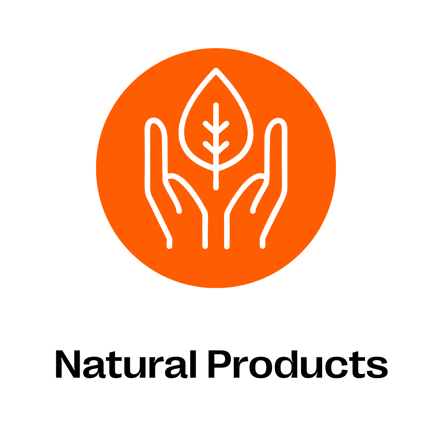 Logo with hands holding a leaf inside an orange circle, labeled 'Natural Products'.