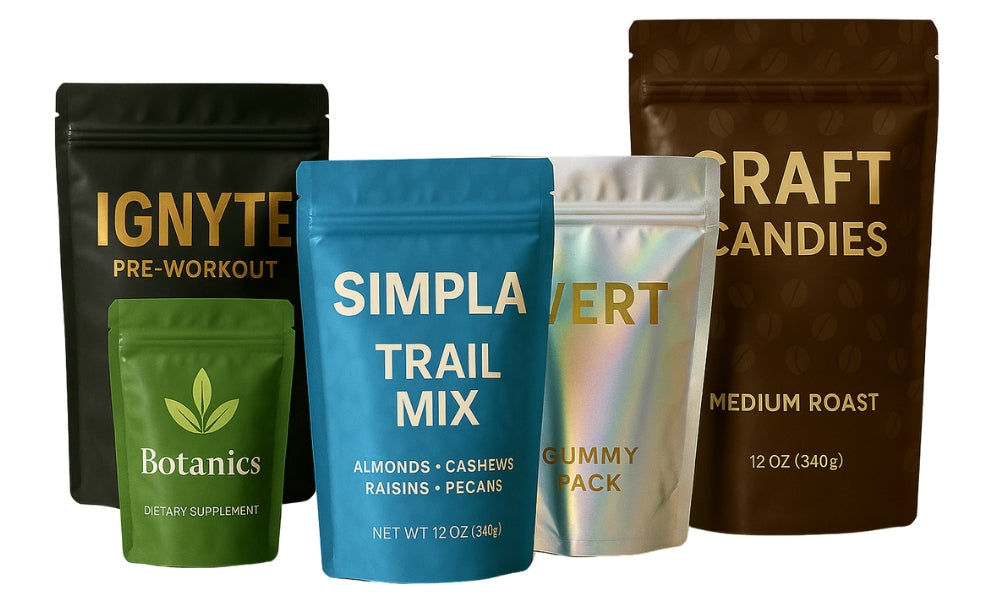 Group of five stand-up pouches in various colors and finishes, labeled IGNYTE Pre-Workout, Botanics Dietary Supplement, SIMPLA Trail Mix, VERT Gummy Pack, and CRAFT CANDIES Medium Roast